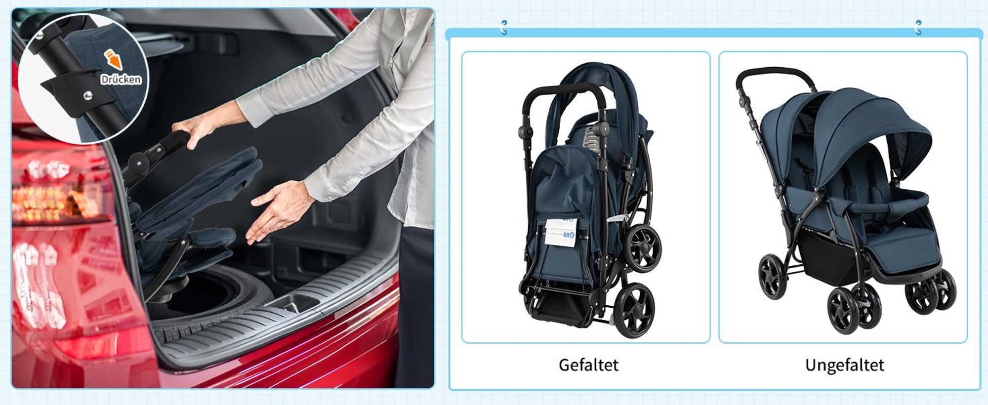 COSTWAY Kombikinderwagen bis 30 kg, Geschwisterwagen klappbar, Kinderwagen mit Rückenlehne & Verdeck, Zwillingsbuggy für Baby ab 6 Monate, Grau
