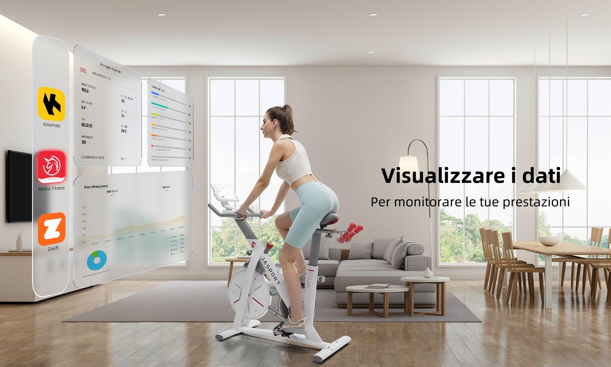 JASPORT S3 cyclette e bici da per casa, silenziosa, resistenza magnetica, volano da 7,5 kg, Bluetooth, Kinomap e Zwift – bianca