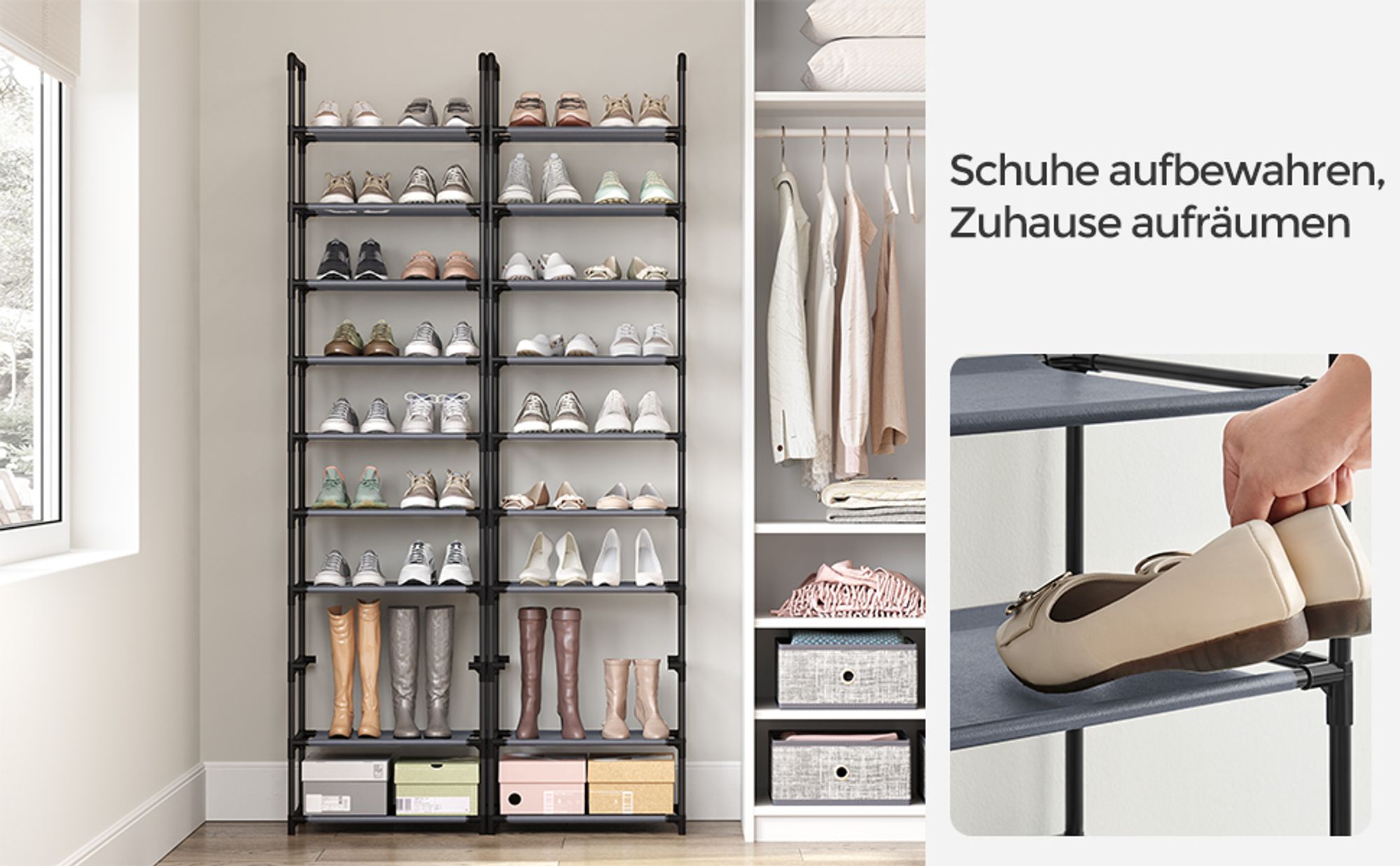 SONGMICS 10 Ebenen Schuhregal, Schuhablage 173 x 45 x 28 cm Schuhschrank Grau