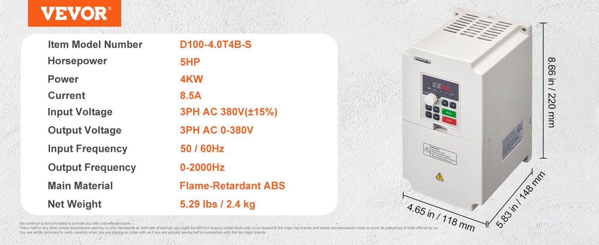 VEVOR VFD 10HP, 7,5KW, 35A, 1 oder 3 Phasen 220V Eingang zu 3 Phasen 220V Ausgang Frequenzumrichter, 40-60Hz Eingang, 0-400Hz Ausgang VFD für Spindelmotor CNC Geschwindigkeitsregelung, 4kw-a, 380 V-a