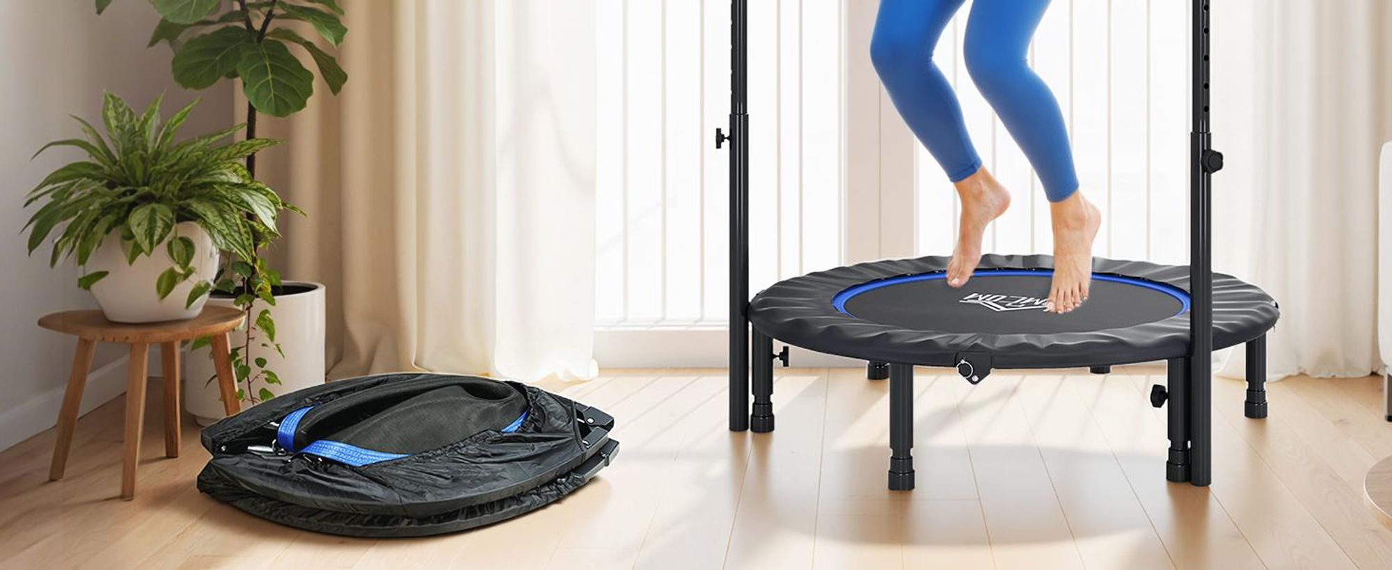 Trampolina fitness HOMCOM 102 cm, składana mini trampolina z uchwytem o czterech regulowanych wysokościach, trampolina fitness dla dorosłych, do 100 kg, czarno-niebieska