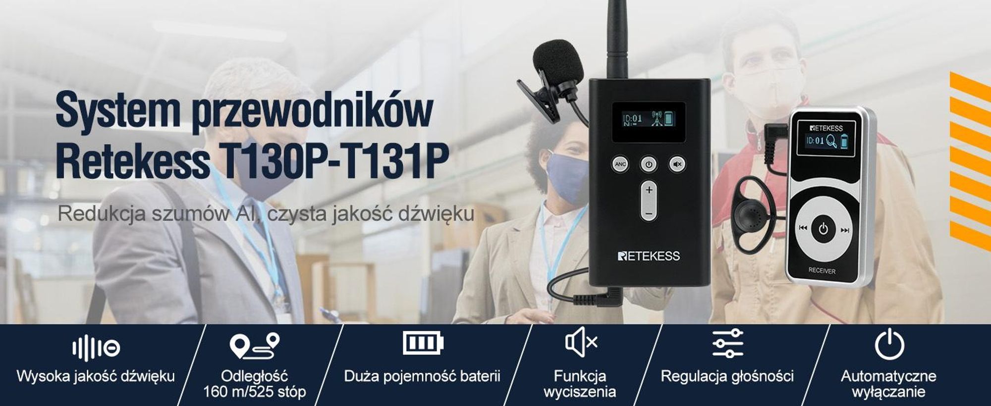 System przewodniczenia Retekess T130P, bezprzewodowy mikrofon, słuchawki dla przewodników, zaawansowana redukcja szumów, zasięg 160 metrów, długi czas pracy na baterii: 30 godzin