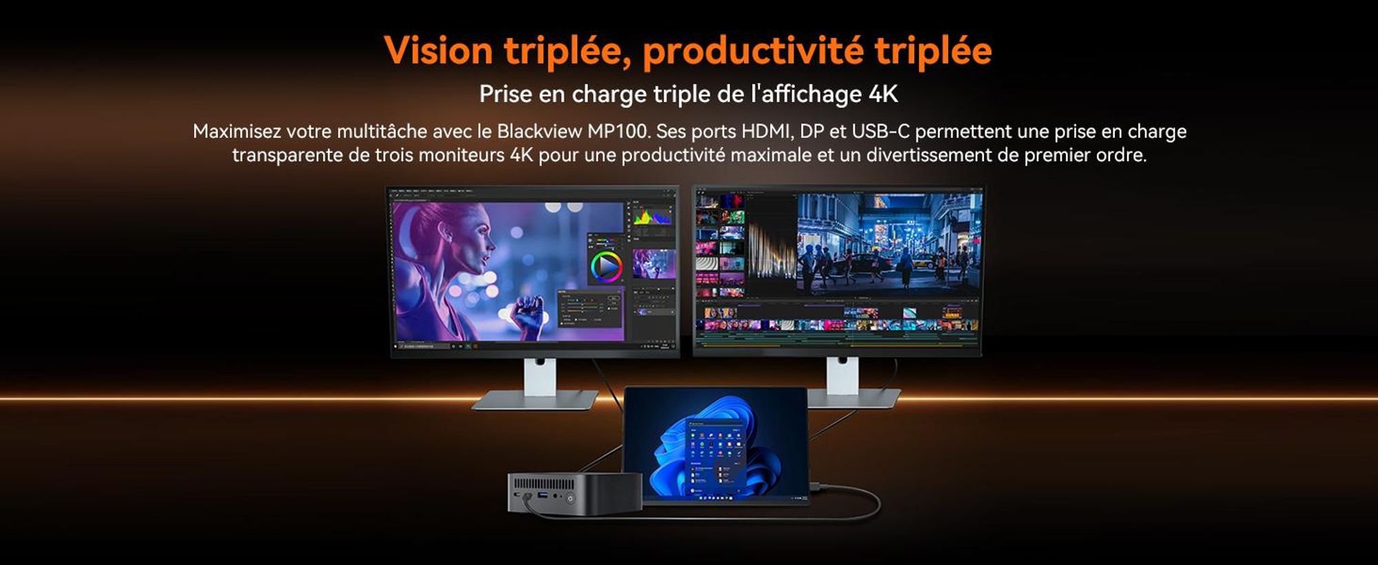 Blackview MP100 Mini PC, processeur Intel i3-1215U jusqu'à 4,4 GHz, 16 Go de RAM DDR5, SSD PCIe 4.0 de 512 Go, résolution 4K à 144 Hz, WiFi 6, ports DP et HDMI, système d'exploitation Windows 11 Pro, livré avec le clavier K1
