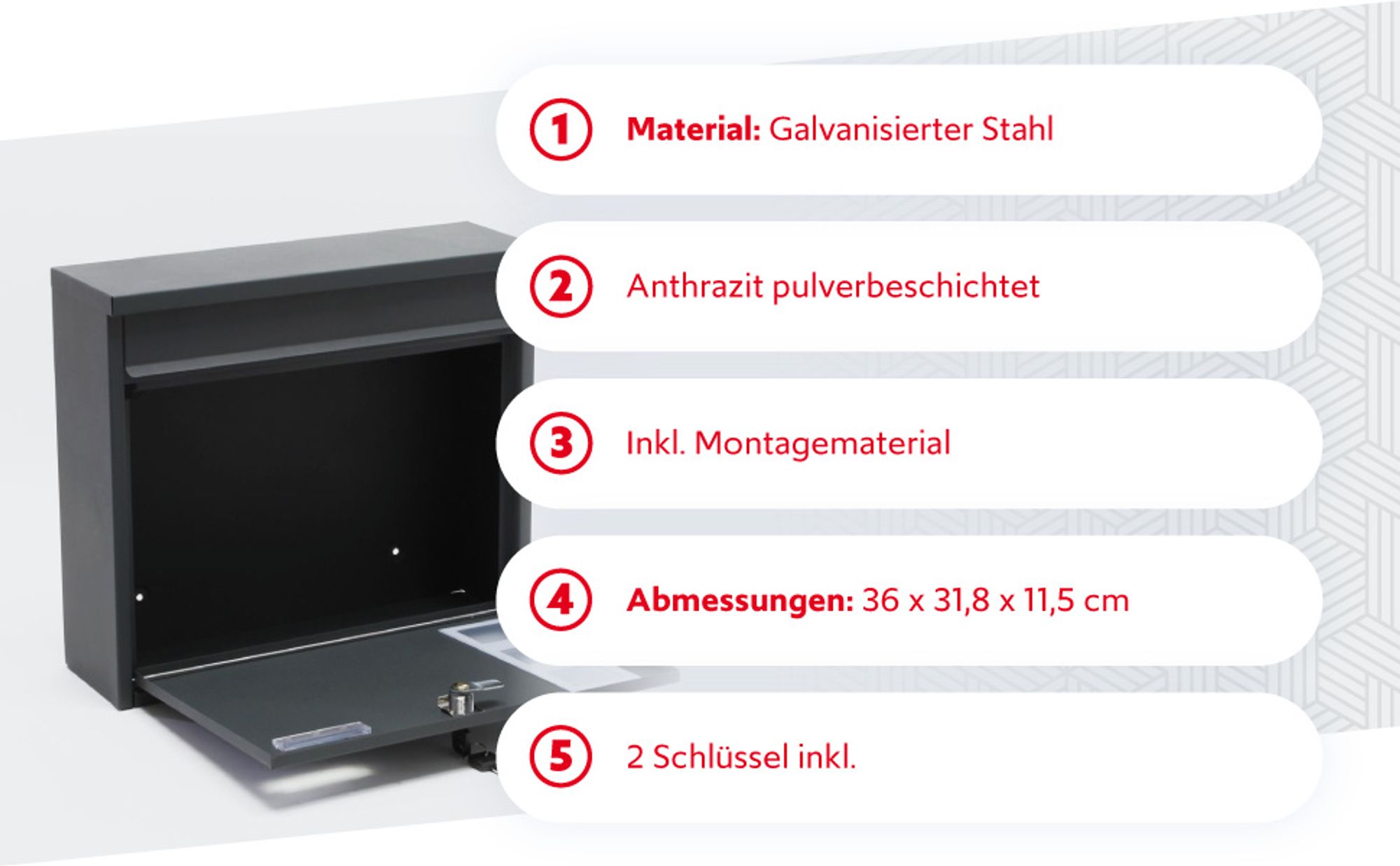 Wiltec Briefkasten V12 Anthrazit 360 x 115 x 320 mm, Wandbriefkasten mit Schloss, Sichtfenstern und Namensschild, Postkasten aus Stahl galvanisiert