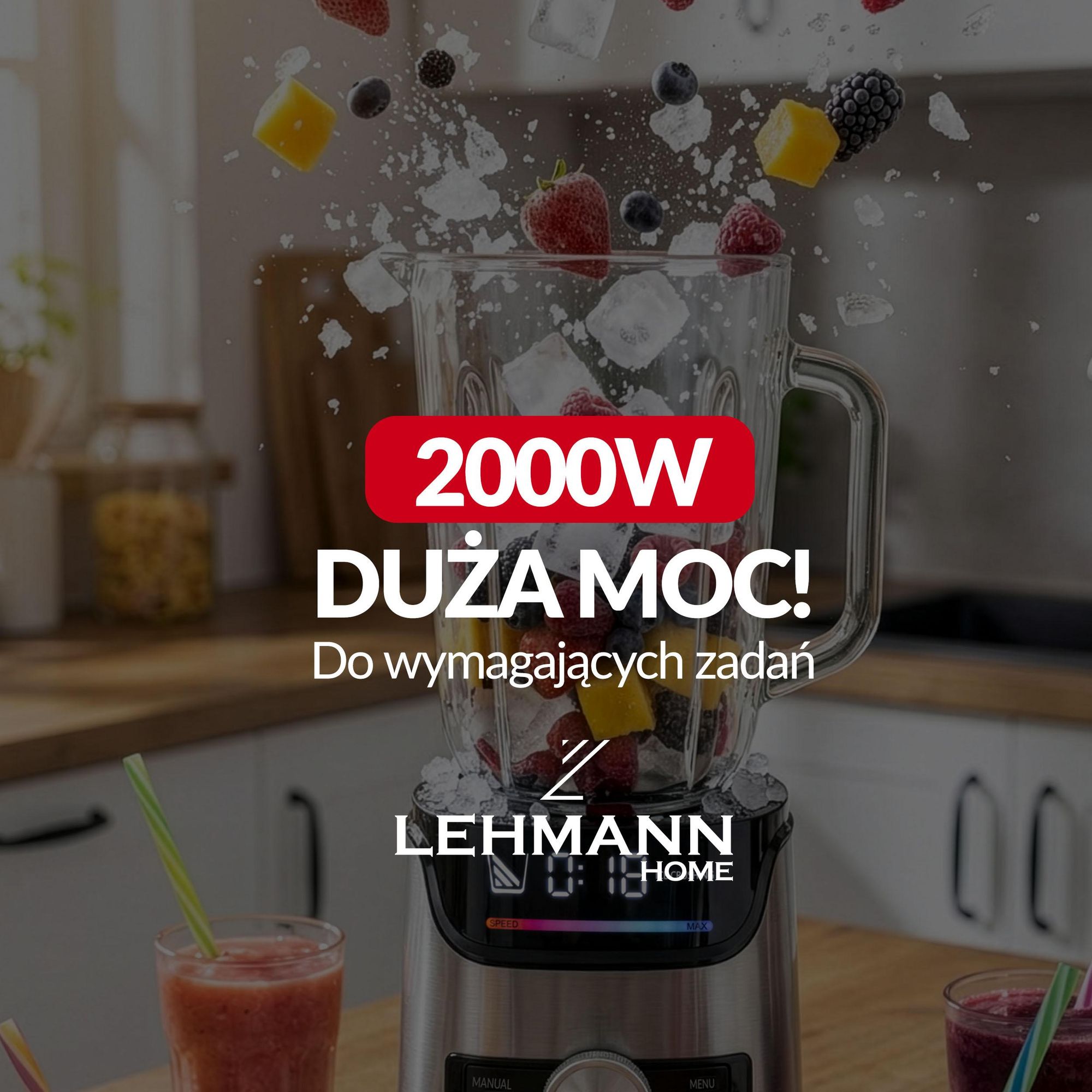 Mocny Blender Kielichowy Lehmann Senso 2000W Szklany 1,7L | Mikser Smoothie Koktajli Lodu | 2x Bidon Cup Młynek do Kawy | Stal Nierdzewna Złote ostrza
