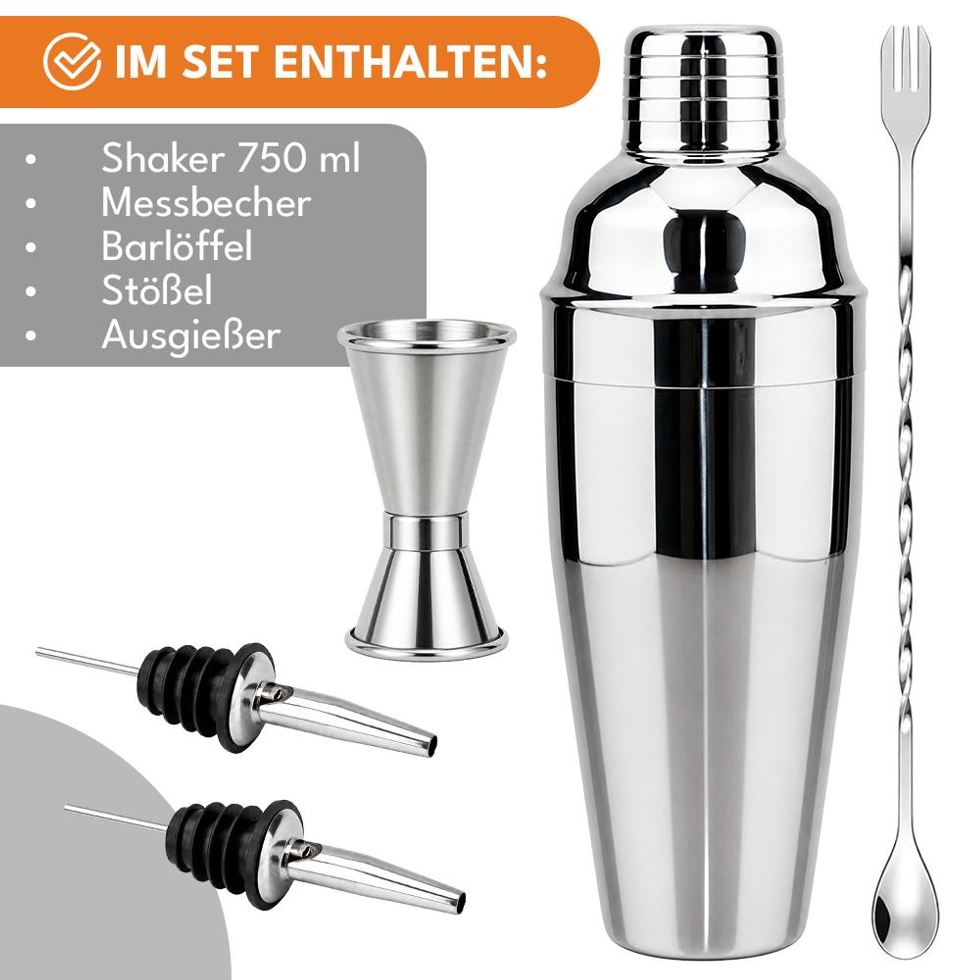 KRUMAD Cocktail Shaker Set 6-teilig, Edelstahl Barset 750 ml mit Messbecher, Barlöffel und Muddler, Cocktail Zubehör für Home Bar