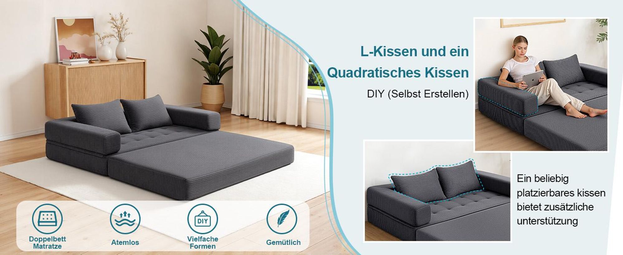 HOMMPA 5-in-1 Klapp-Schlafsofa, extragroß, Bodenschlafsofa, Cord-Klappmatratze, Sofa für Wohnzimmer, Schlafzimmer, Lounge, Queen 180x148cm, Grau