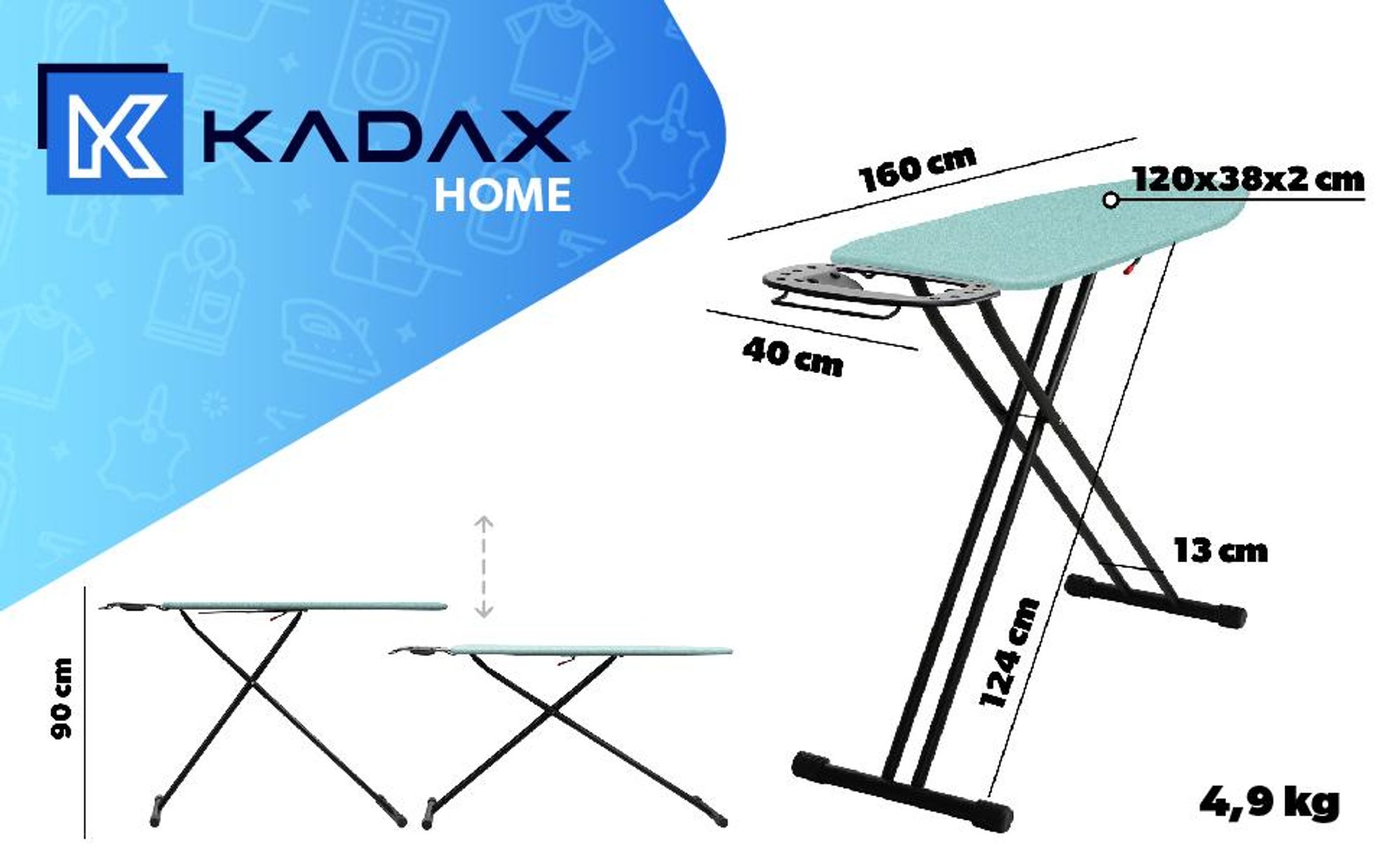 KADAX klappbares Bügelbrett, groß, 120 x 38 cm breit, Standard mit Griff