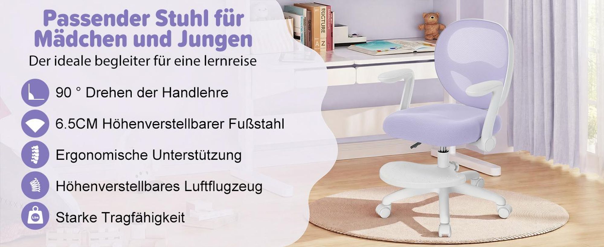 HOFFREE | Kinder Schreibtischstuhl Ergonomischer Kinderdrehstuhl | Fußablage | Höhenverstellbar | klappbaren Armlehnen | Lila