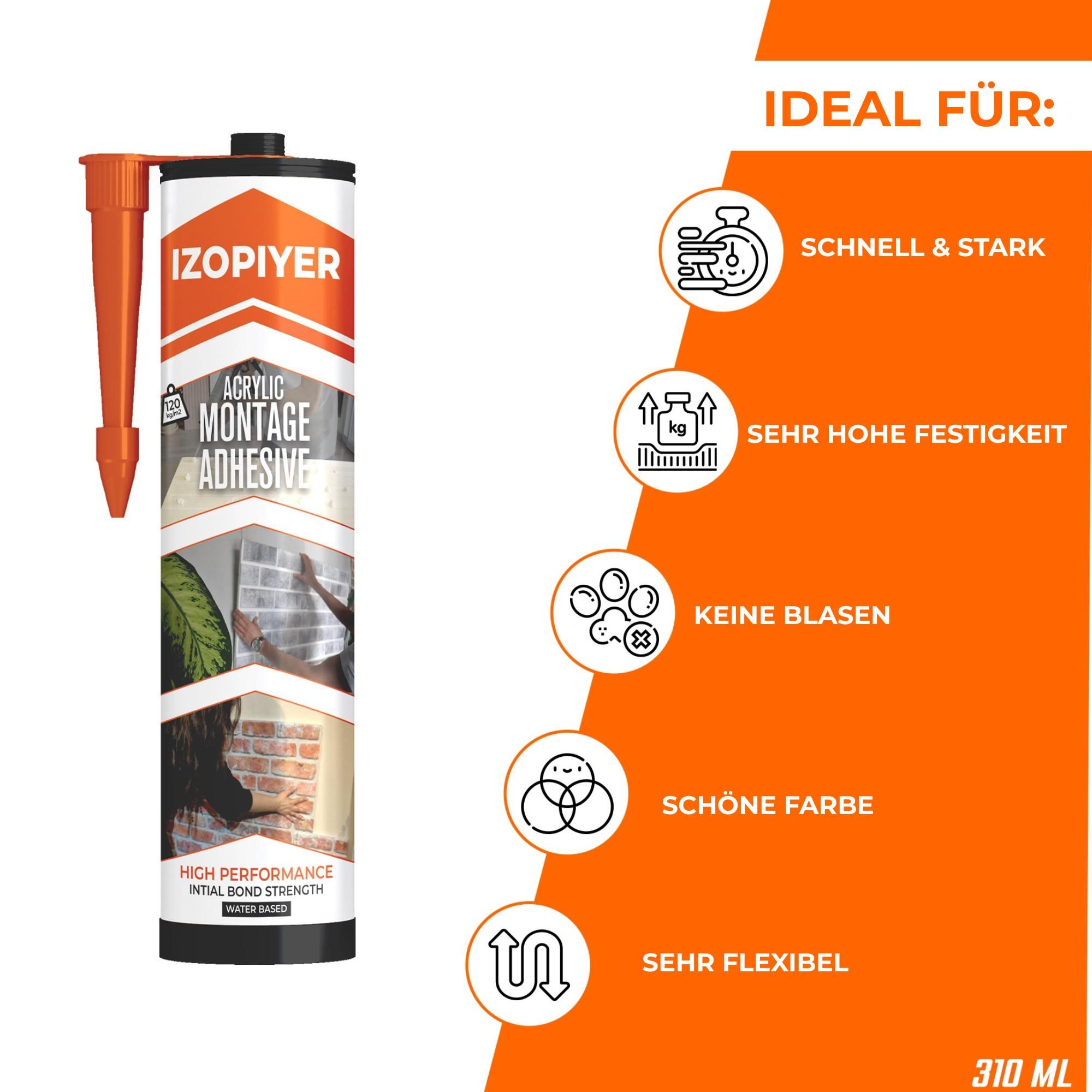 IZODEKOR Montagekleber für Wandpaneele 4 x 310 ml – Innen & Außen, wasserfest