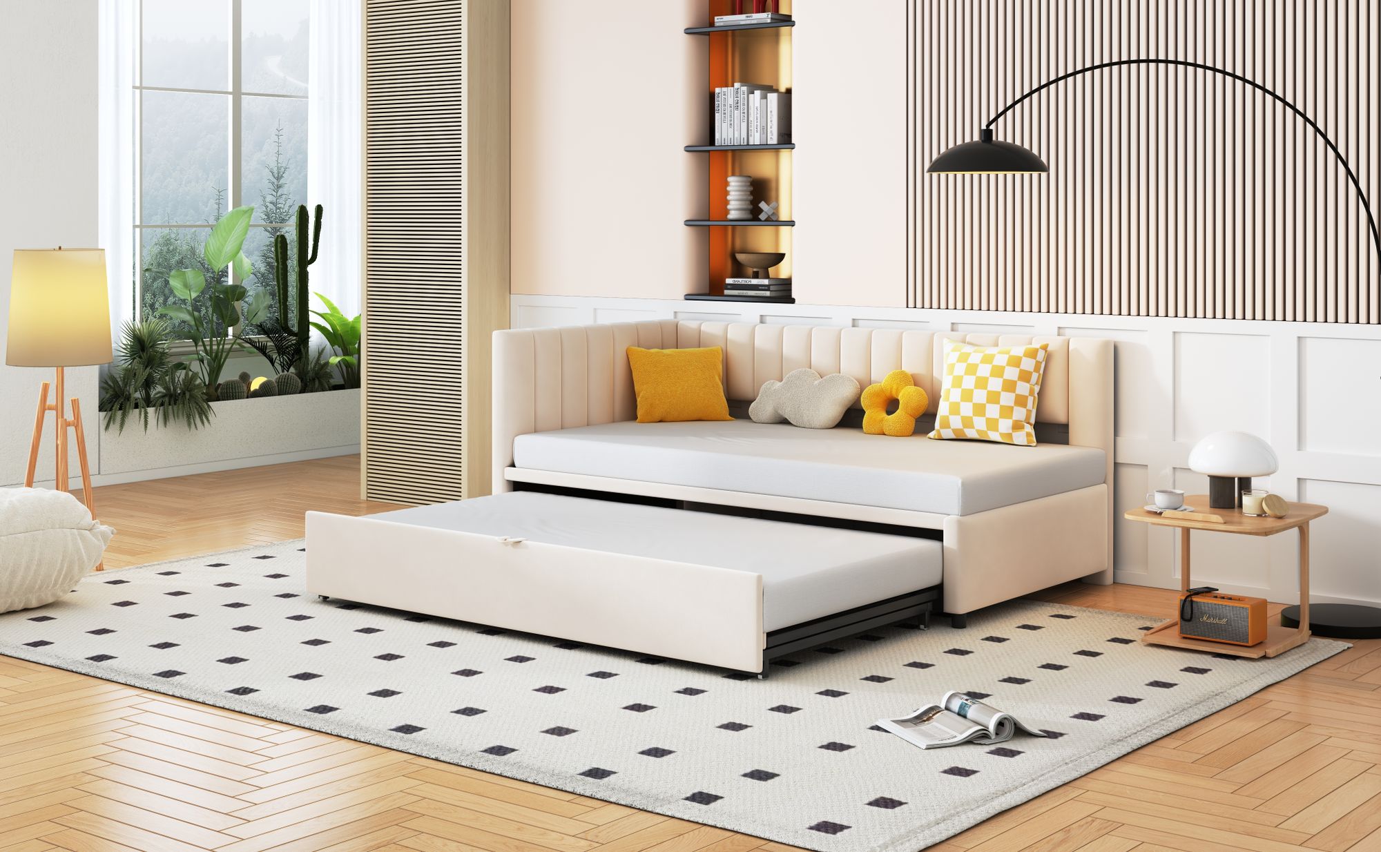 okwish Tagesbetten 90/180×200 mit Ausziehbett, Kinderbett platzsparendes Design, Schlafsofa in Beige,Ohne Matratze