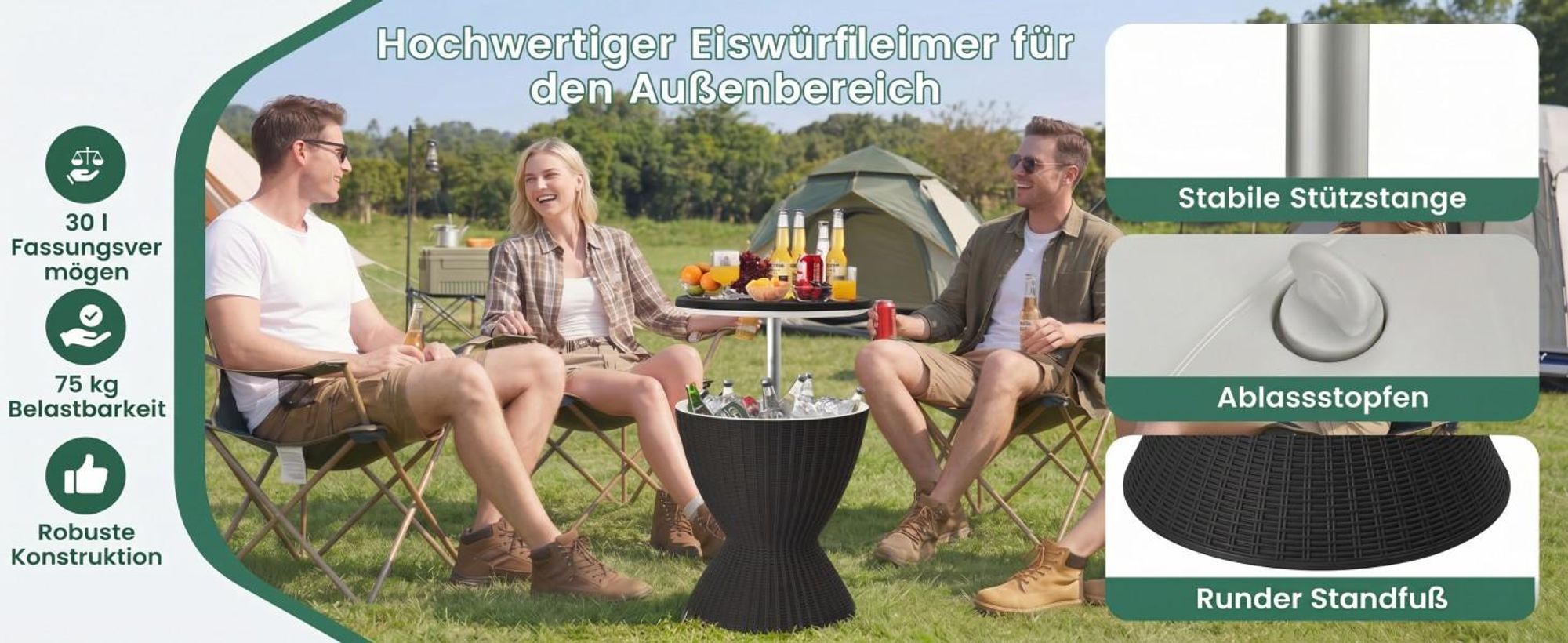 COSTWAY 3 in 1 Cool Bar, Beistelltisch, 30L Outdoor Bier- & Weinkühler, Getränkekühler mit Abflussloch, für Terrasse, Party, Poolbereiche, Grau