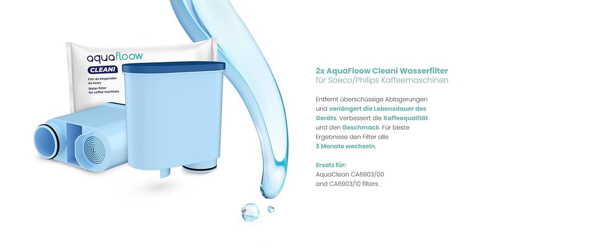 Aquafloow Rundum-Pflegeset für Kaffeevollautomaten – 2x Cleani Wasserfilter Kompatibel mit Philips Saeco CA6903, 500ml Entkalker, 10 Reinigungstablett