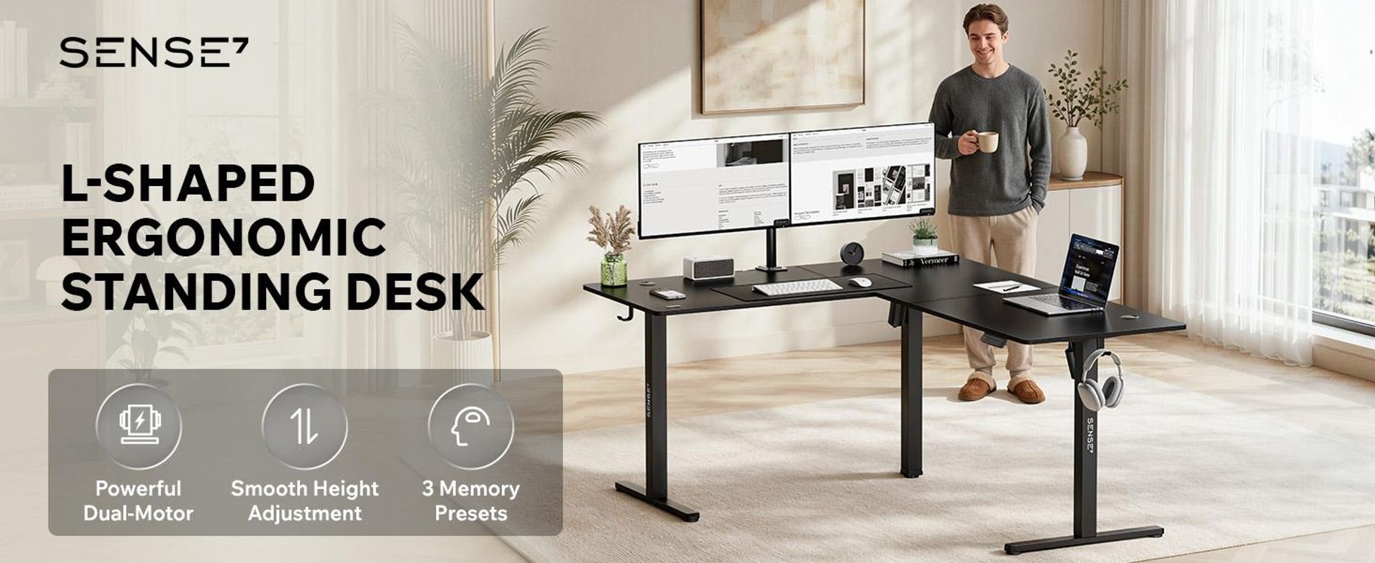 SENSE7 NOJO, rohový písací stôl, model Light Corner, elektricky nastaviteľná výška, rozmer 160x140, tvar L, stojací písací stôl, dvojitý motor, nastaviteľná výška s pamäťou, čierna farba