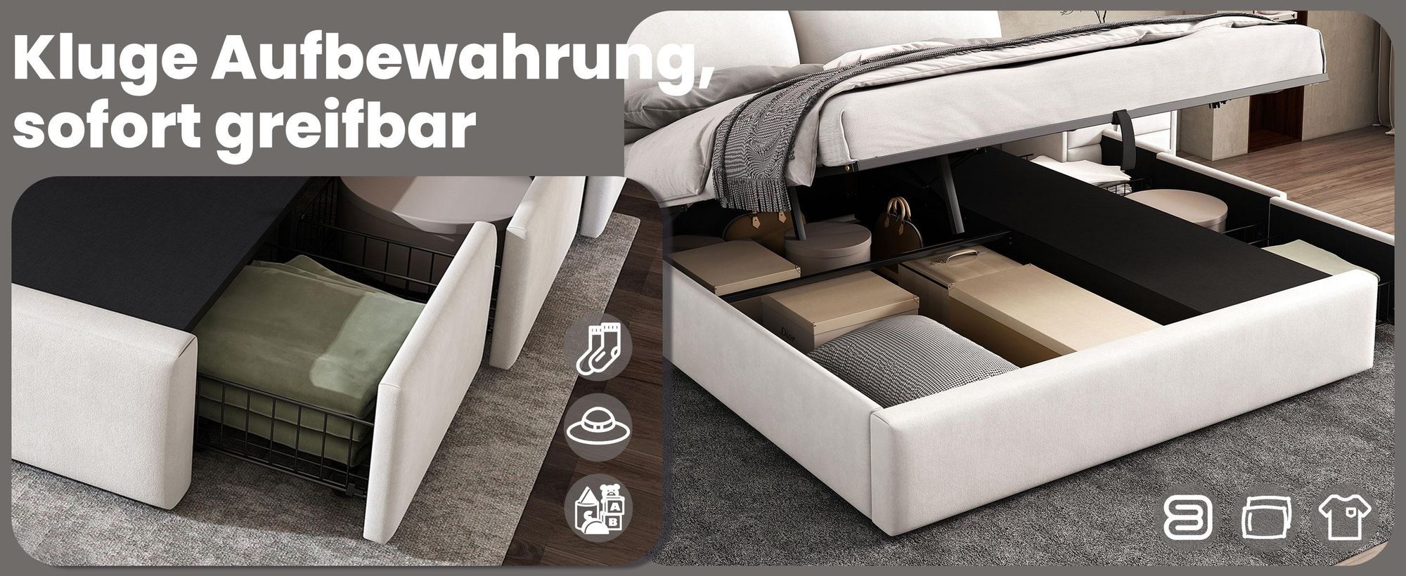 MODFU Boxspringbett Hydraulisches 180 x 200 cm mit Kopfteil, Polsterbett Funktionelles mit 3 Schubladen, Doppelbett Stauraumbett mit Bettkasten Stauraum, Samt Weiß(Ohne Matratze)