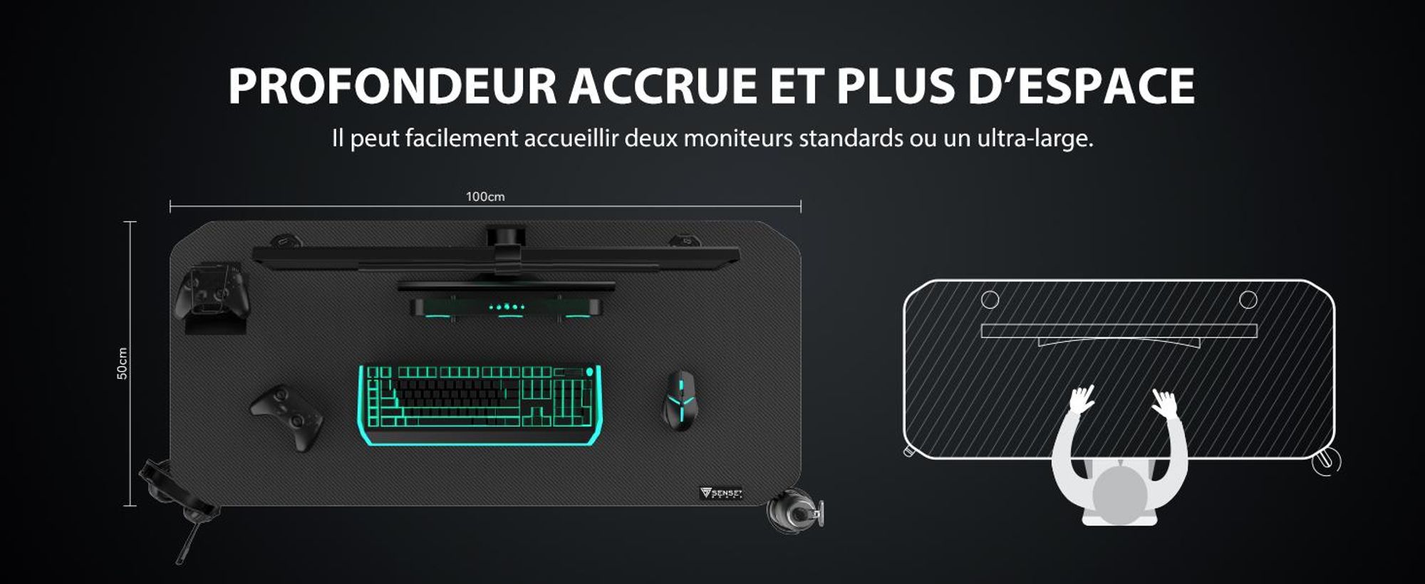 SENSE7 Nomad Basic : bureau gaming 100 x 50 cm, bureau d'ordinateur, bureau PC, bureau pour gamers, petit bureau, bureau pour ordinateur portable, chambre d'ado, noir