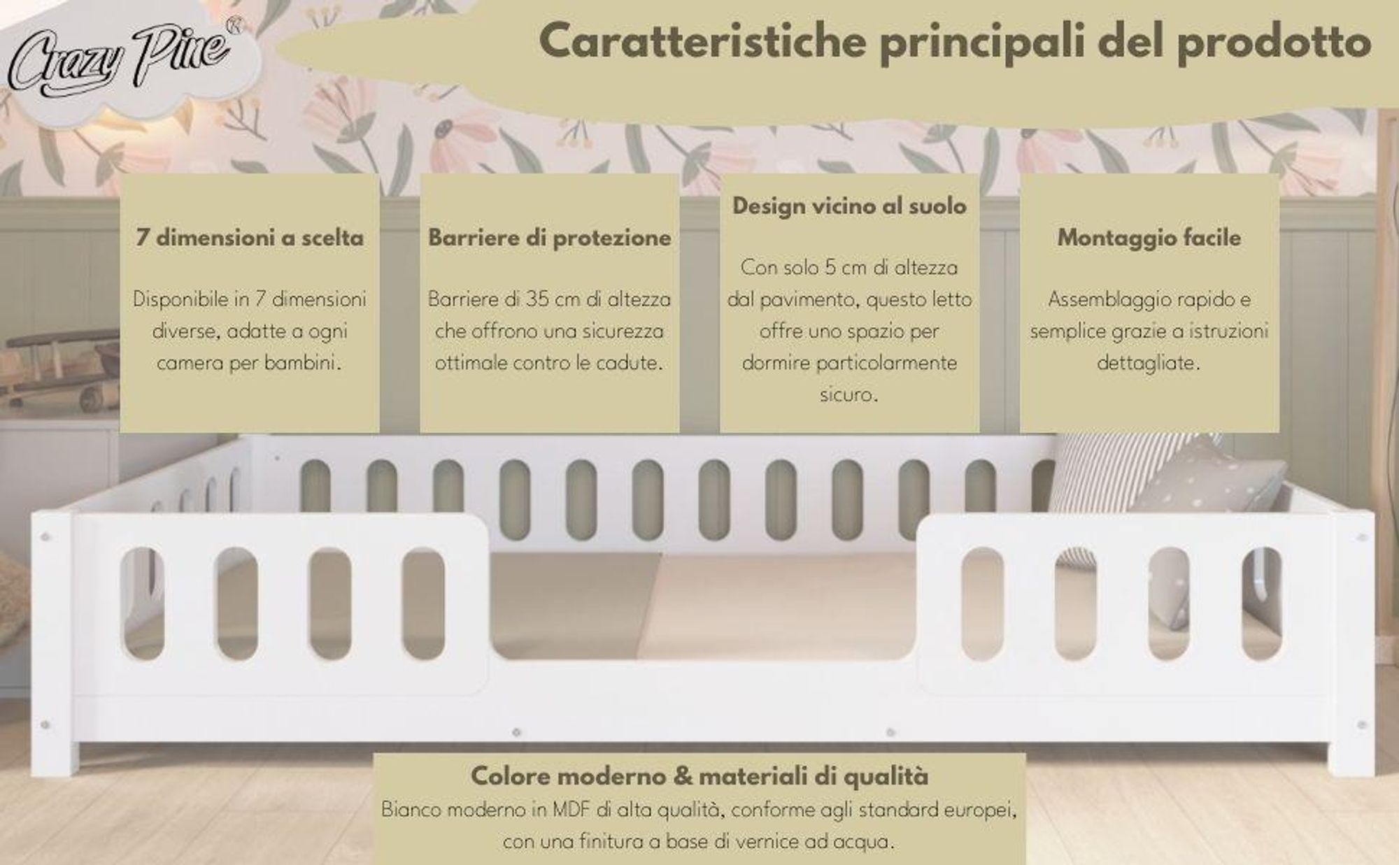 Crazy Pine Letto per Bambini 80x160 cm – Letto Montessori Bianco da Pavimento in MDF con Bordi Arrotondati – Ingresso a Destra – Crazy Ethan
