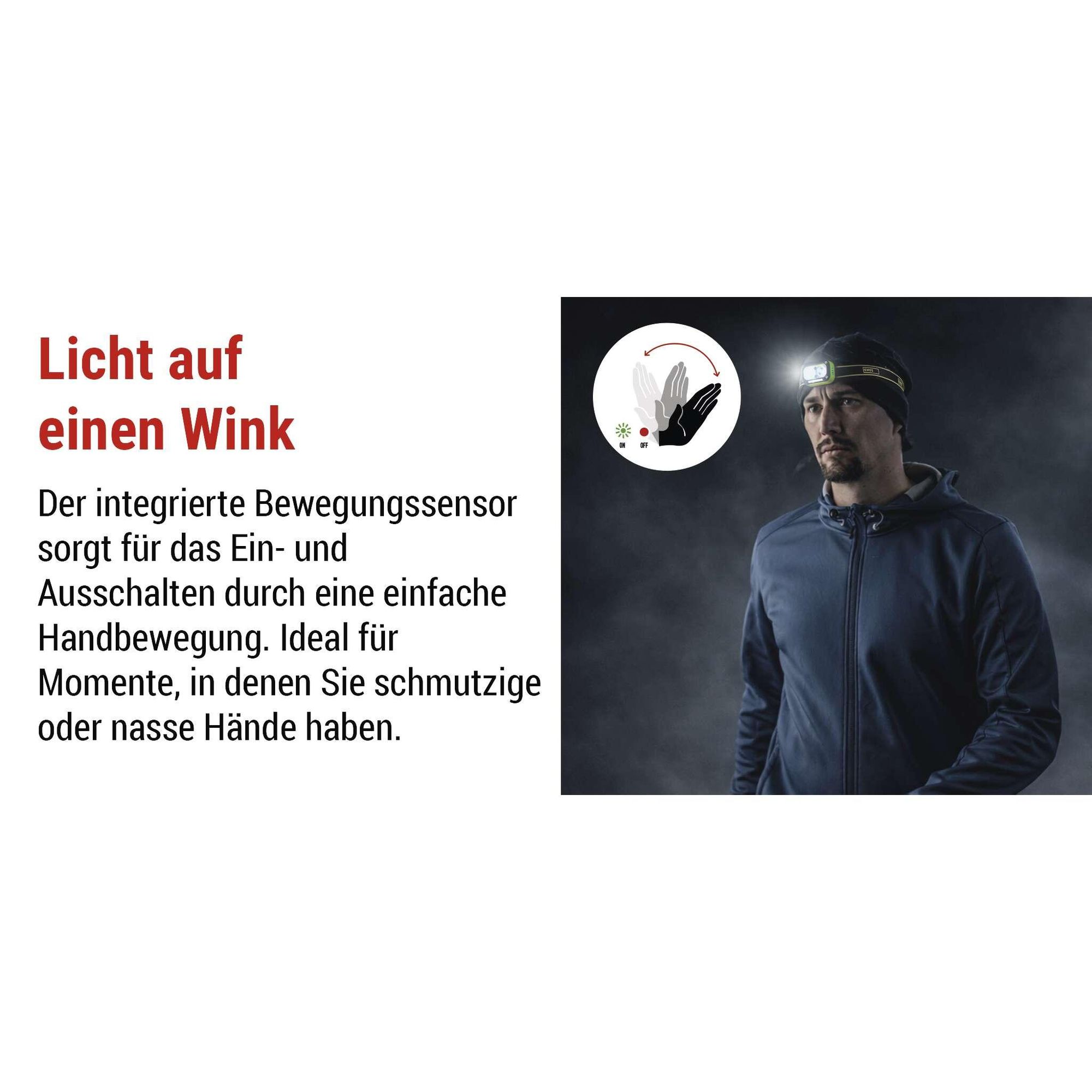 EMOS aufladbare Stirnlampe mit Bewegungssensor und 5 Lichtmodi, 175lm / 50m / 4,5 h, stoßbeständig, Li-pol Akku 800mAh, Outdoor, schwarz/grün, P3545
