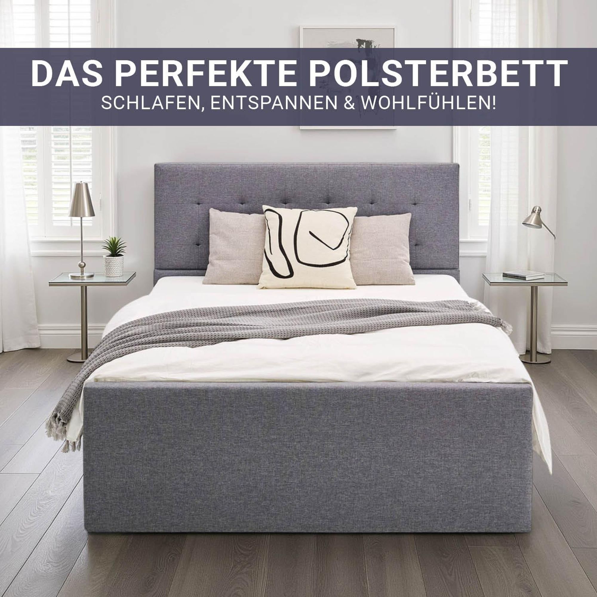 Das Polsterbett wird von vorne gezeigt. Hier kann man Schlafen, Entspannen und sich Wohlfühlen.