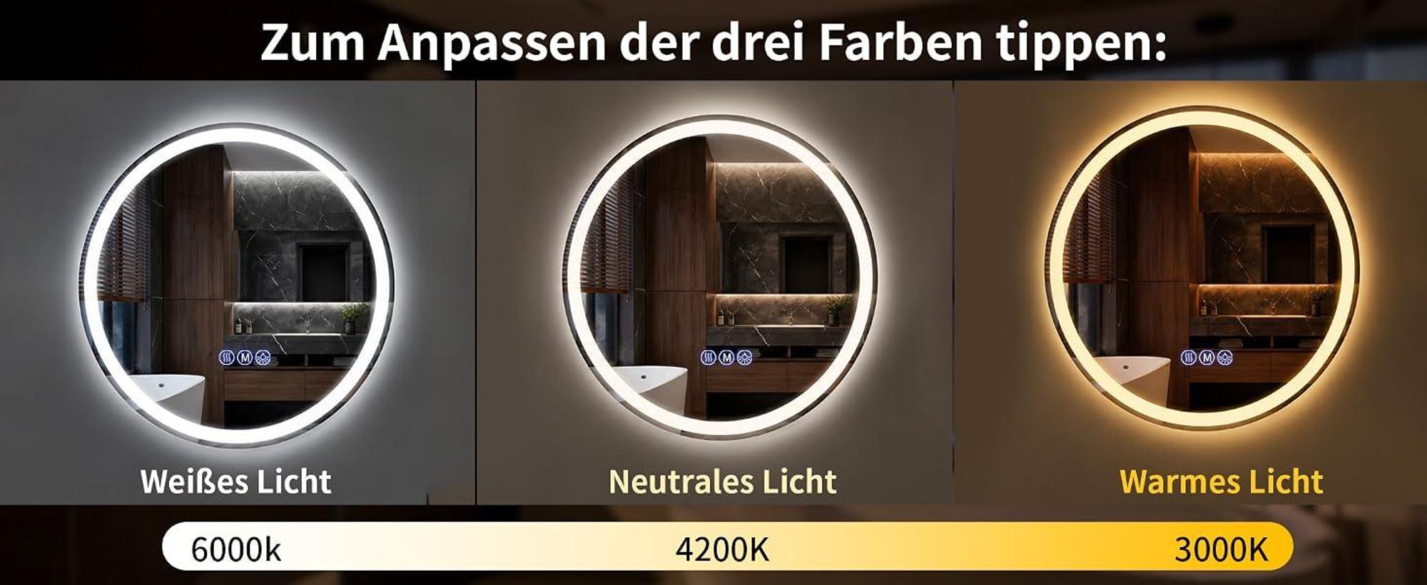 Koonmi runder LED Badspiegel 80 cm, dimmbar, Wandspiegel mit 3 Lichtfarben, Antibeschlagfunktion und bruchsicherem Glas für Badezimmer und Waschtisch