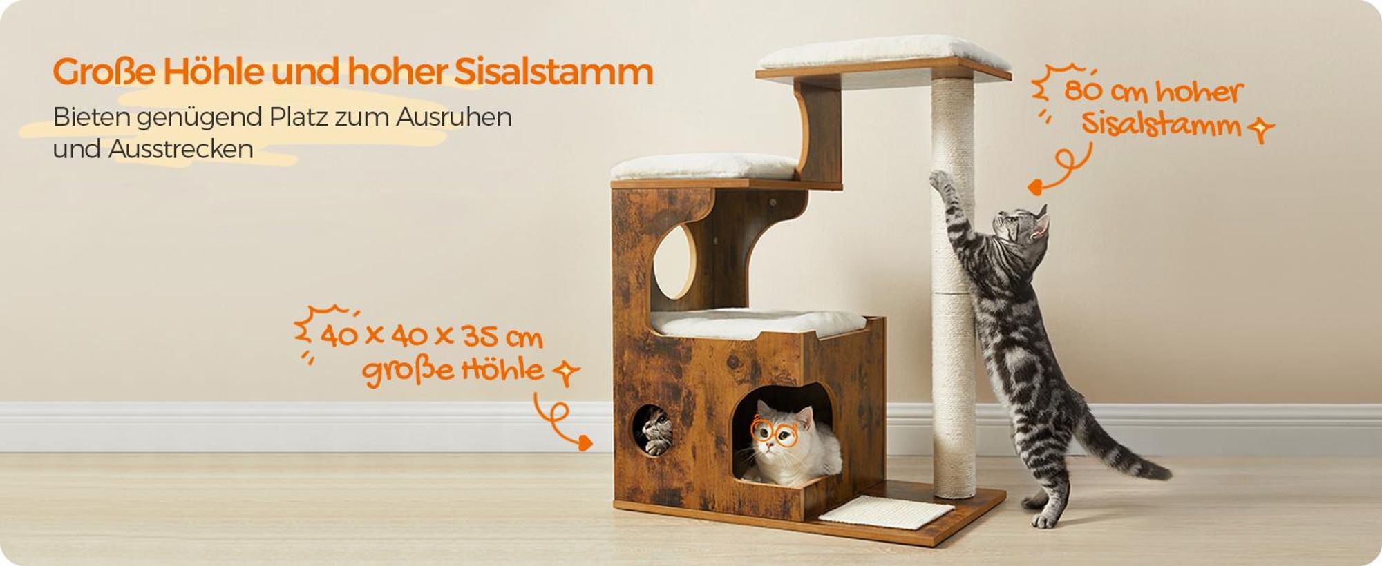 FEANDREA Kratzbaum 3 Liegeflächen und Höhle,waschbare Auflagen braun