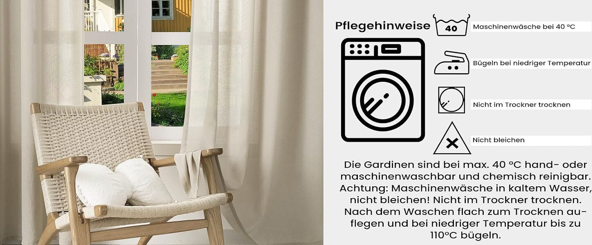 WOLTU Gardinen mit Ösen Leinenoptik Halbtransparent Voile Modern, 135x245cm Sand