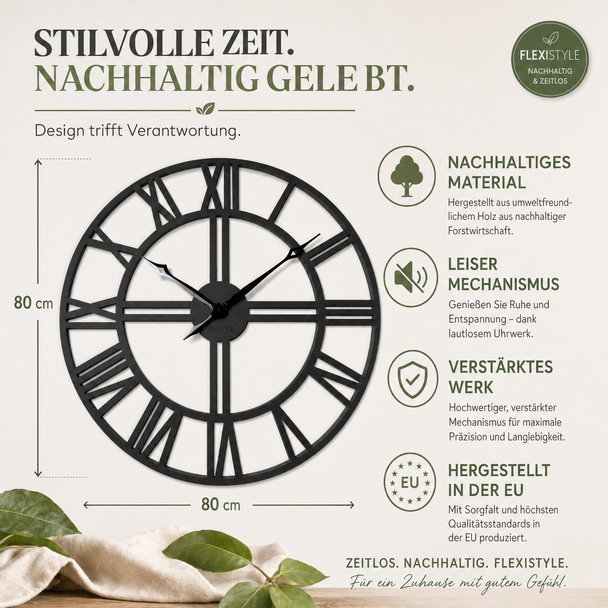 Groß wanduhr XXL ohne tickgeräusche LOFT Grande Schwarz Holz Holzoptik 80cm durchmesser römische Zahlen Wohnzimmer Schlafzimmer