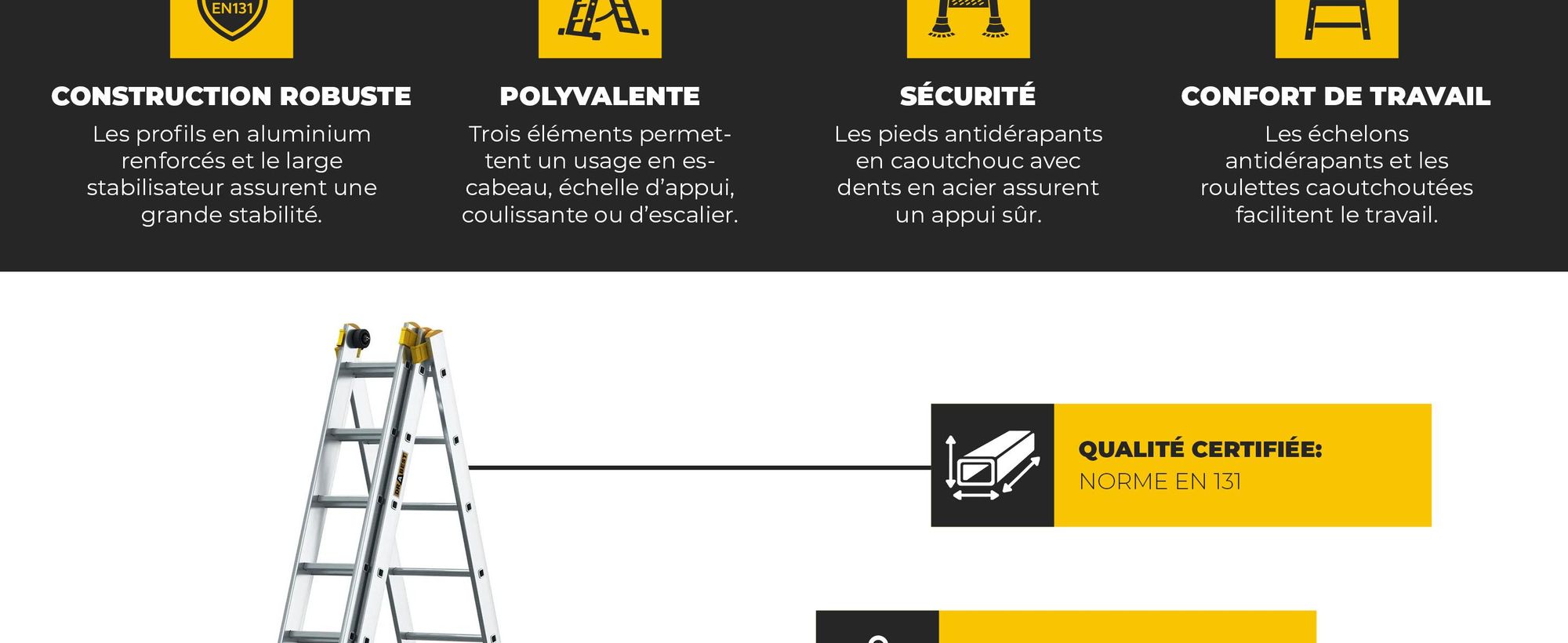 Drabest | Echelle - multifonctionnelle - polyvalente en aluminium - capacité de charge 150kg - 3 sections - 3X13 marches