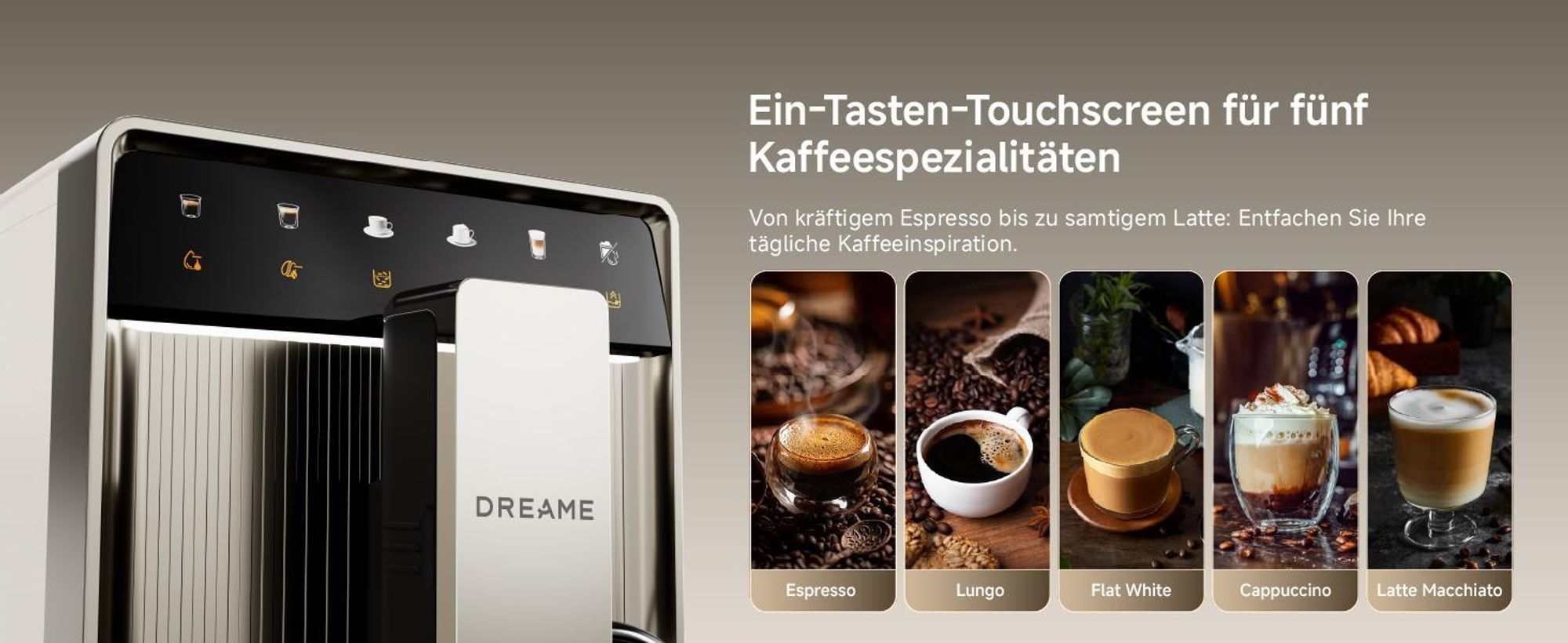 Dreame Ecceluxe Slim FCM30 Espressomaschine,kompakte Größe,erstklassiger Geschmack,Komplettreinigung,Ein-Knopf-Touchscreen,fünf Kaffeespezialitäten