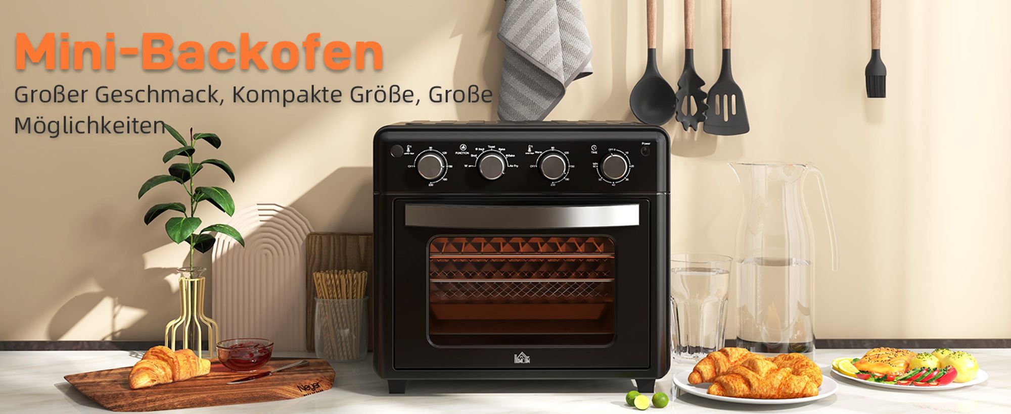 HOMCOM Minibackofen mit Umluft 30L Mini Ofen mit Backblech Grillrost Krümelblech