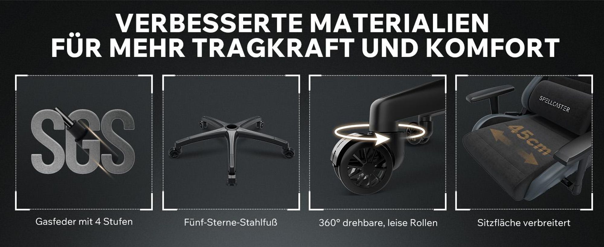 SENSE7 Spellcaster FUKU XL Gaming Stuhl Alcantara Schwarz - Ergonomischer Bürostuhl für große Personen 160kg Kaltschaum Chefsessel Breite Sitzfläche