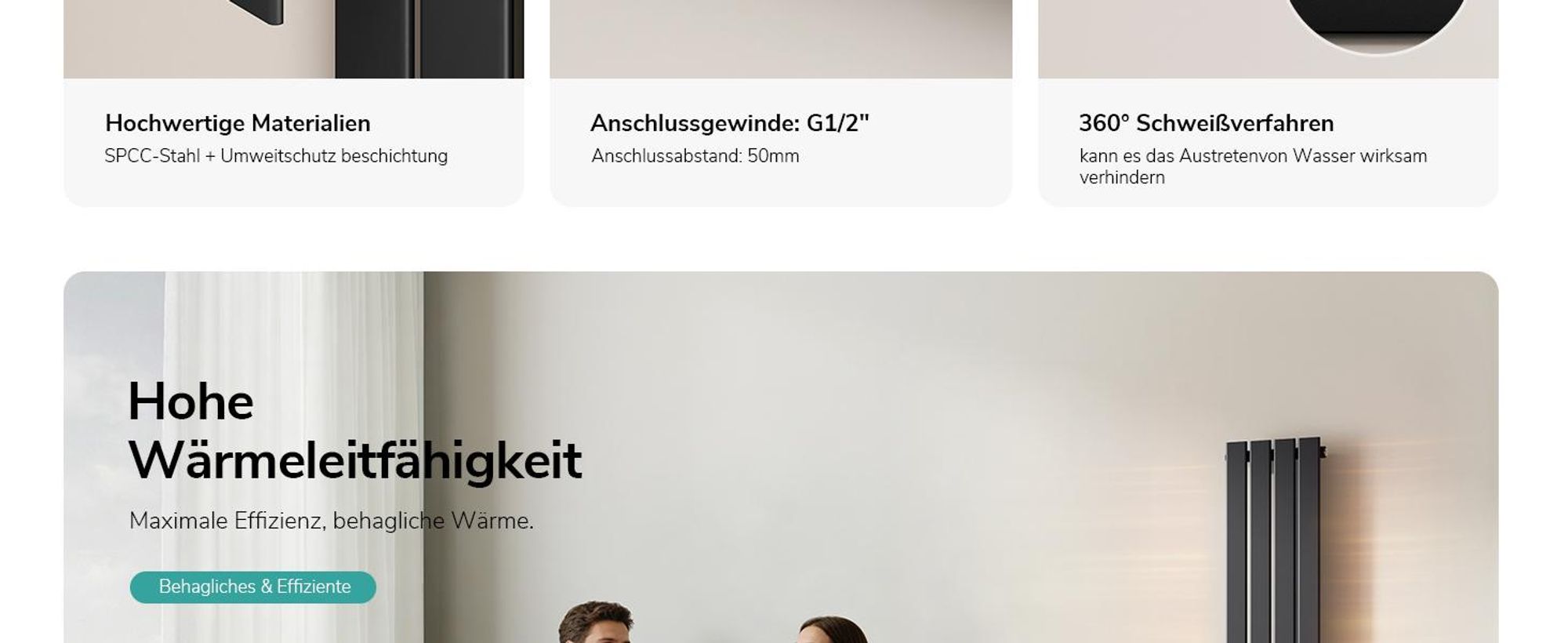 EMKE Heizkörper Flach Designheizkörper Paneelheizkörper Vertikal Einlagig Mittelanschluss 160x30cm 501W Schwarz ohne Heizstab