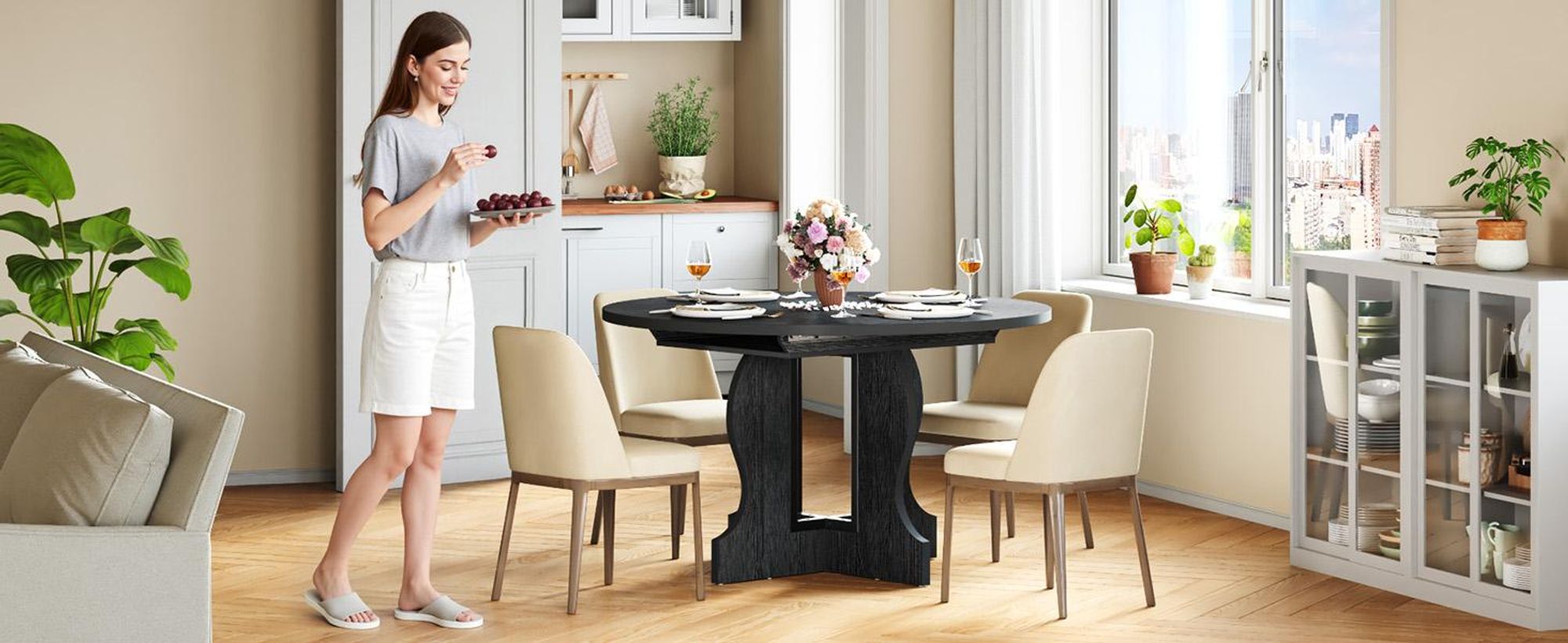 Mondeer Ausziehbarer runder Esstisch 110-150 cm oval mit massivem Holzgestell und intelligentem Auszugsystem für Küche & Wohnzimmer in Schwarz
