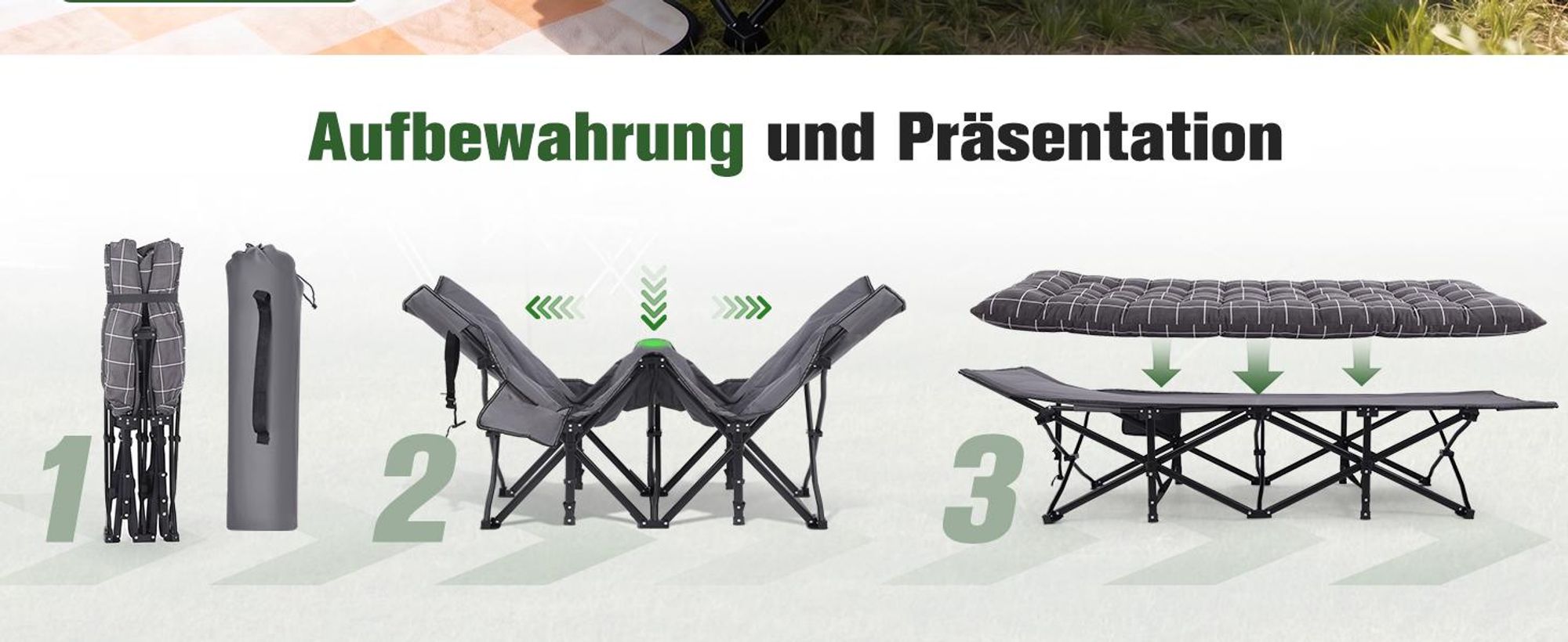 Sekey Tragbares Feldbett mit Matratze, Feldbett Klappbett Tragfähigkeit 200KG Campingbett für Indoor, Outdoor, Camping und Reisen, Blau-Kariert