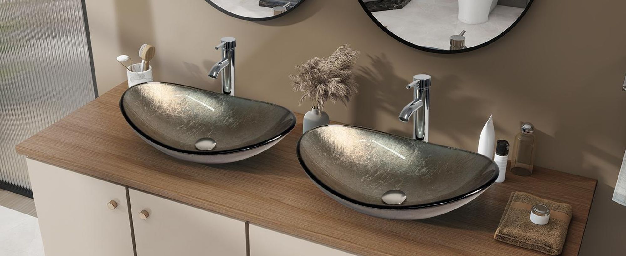 Puluomis Waschbecken Glas Aufsatzwaschbecken Waschschale Oval mit Wasserhahn Ablaufgarnitur Champagner