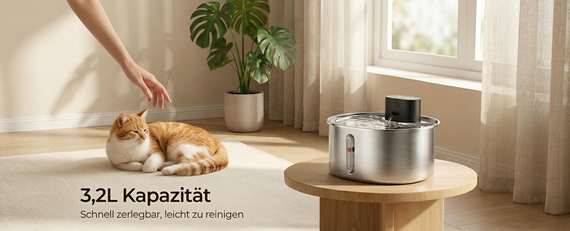 Homelody Katzenbrunnen Edelstahl 3,2L, Kabelloser Trinkbrunnen mit Akku & Bewegungsmelder, Automatischer Wasserbrunnen für Katzen und Hunde mit Filter