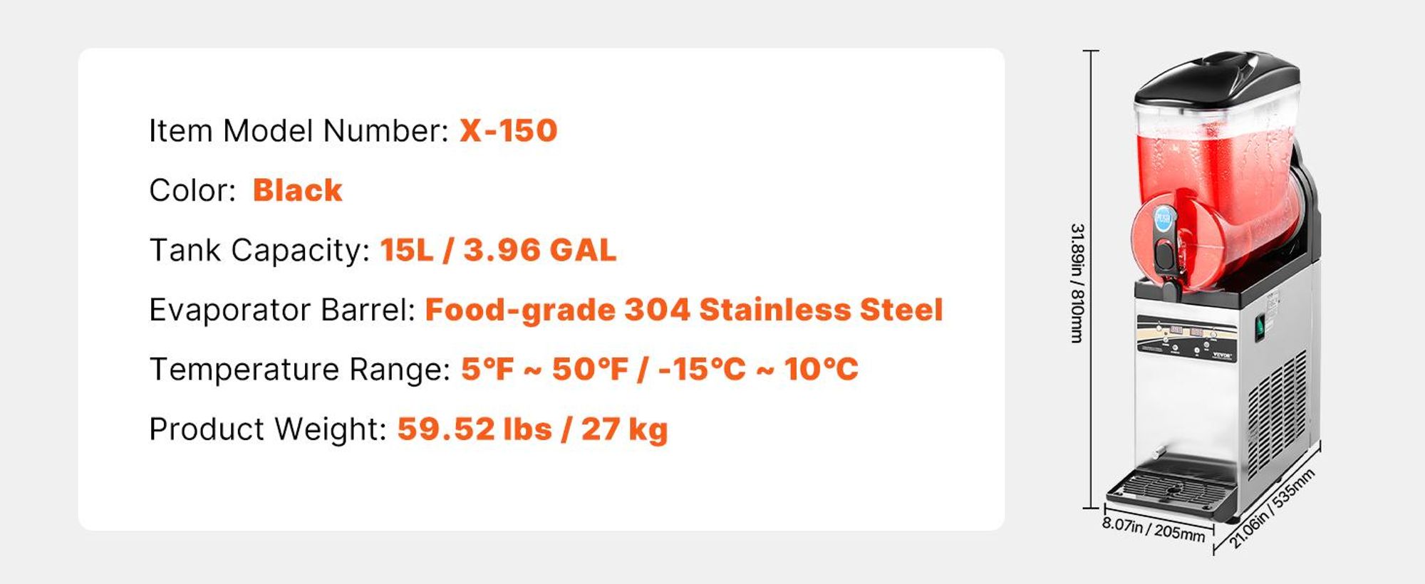 VEVOR Gewerblicher Gefrorener Getränkemacher, 15Lx3 Dreifachtank Slushy Maschine, 180 Tassen Edelstahl Margarita Smoothie Gefrorener Getränkemacher, Slushie Maker für Hauspartys Restaurants Cafés Bars, Einzelzylinder, 1x15 L