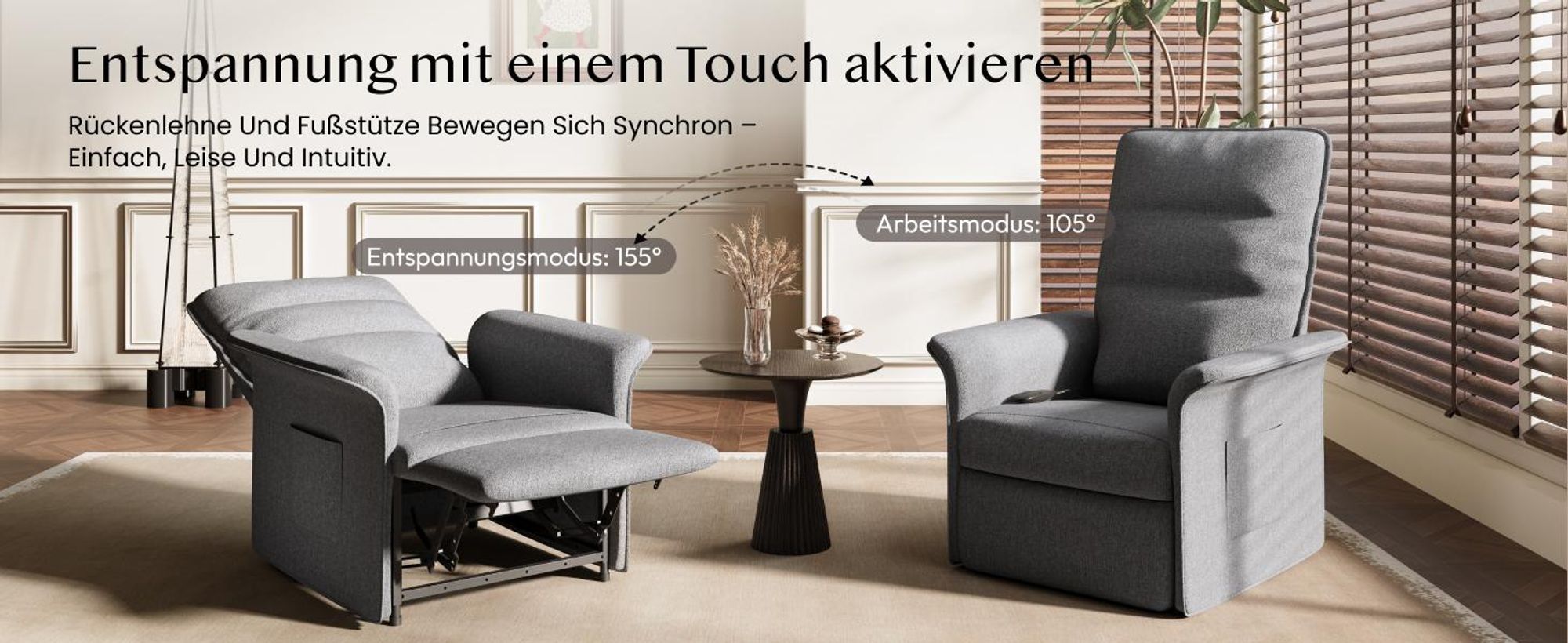 FLEXISPOT Elektrischer Relaxsessel mit Liegefunktion 105°–155°, Verstellbarer TV- & Fernsehsessel für Wohnzimmer, Rückenlehne & Fußstütze (Lichtgrau)