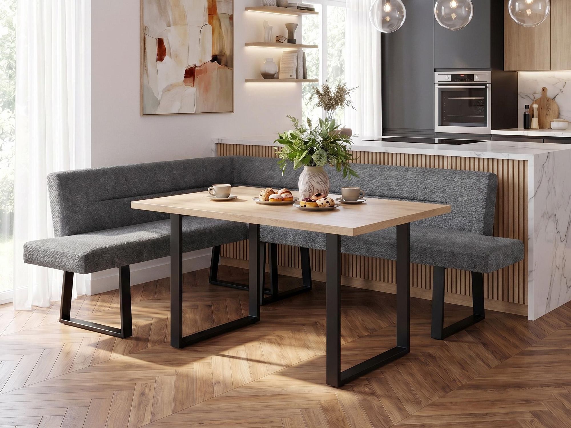 BEAUTYSOFA | Eckbank CRESTO Dunkelgrau Links, Polsterbank mit Rückenlehne, Eckbank für Esszimmer und Küche, schwarze Metallkufen, moderner Essplatz