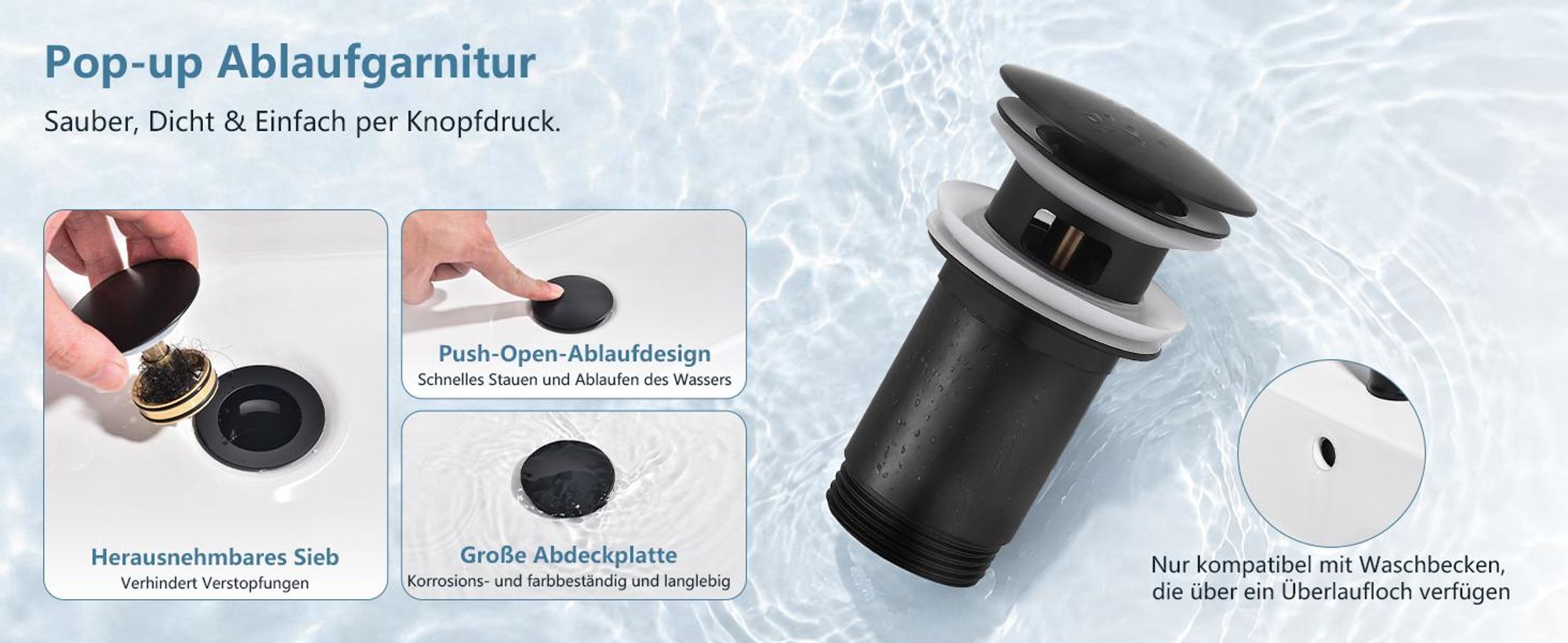 Homelody Wasserhahn Bad Schwarz +Universal Ablaufgarnitur Schwarz, Armatur Mischbatterie Waschbeckenarmatur mit Pop-Up Ventil Edelstahl Messing