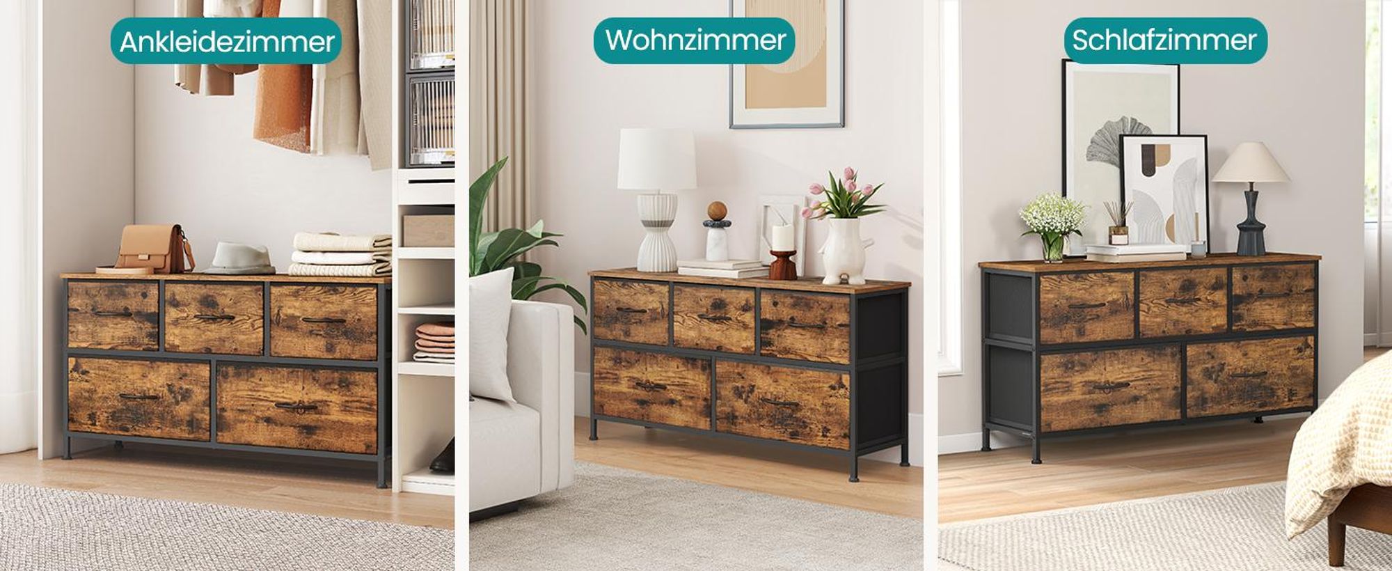 SONGMICS Kommode, Schrank, 5 Stoffschubladen, Aufbewahrungsschrank, Stahl