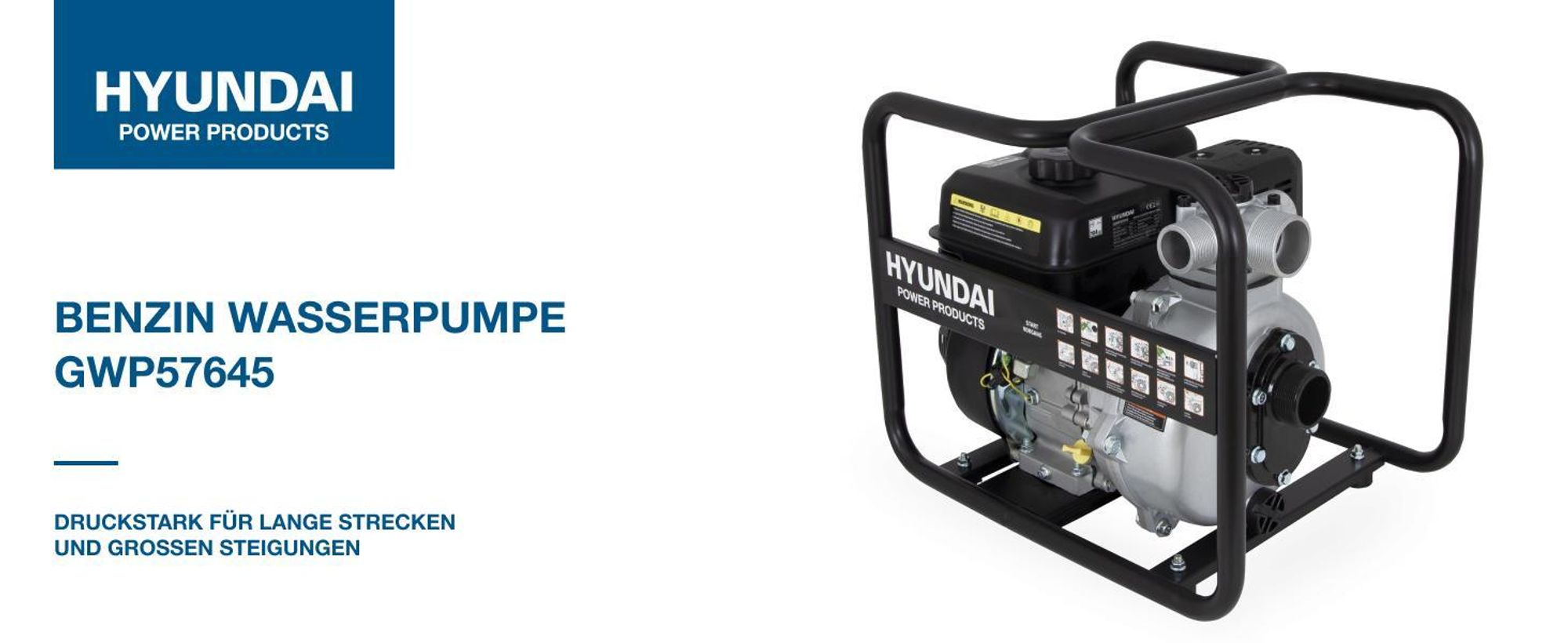 HYUNDAI Benzin-Wasserpumpe GWP57645 (65 m Förderhöhe, 500 L/Min, 30 m³/h, 2”/50 mm, 5.4 PS, 4-Takt)