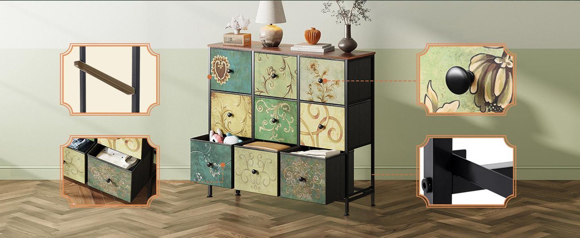 INONEFT Kommode mit 9 Schubladen, 100x30x86.5cm Kommodenschrank für Schlafzimmer, Schminktisch mit Holzplatte und Stoffschubladen, Metallgestell