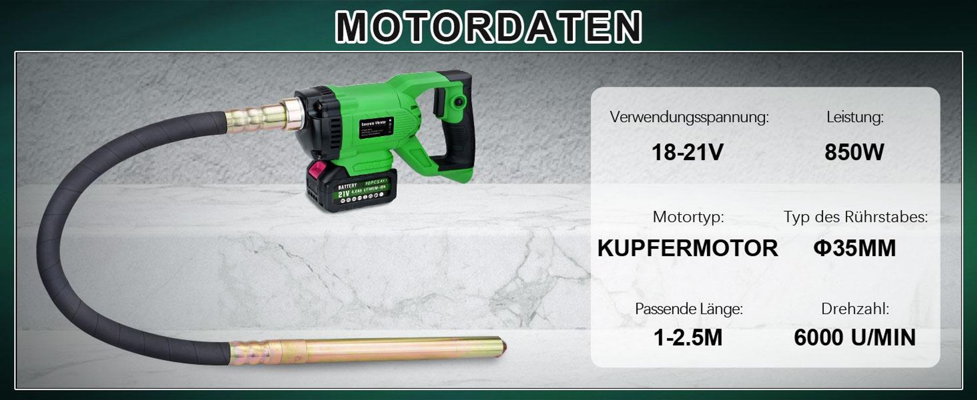 Akku Betonrüttler mit 4,0Ah-Akku, 6000U/min 850W Bürstenlos Betonverdichter mit 2 m Schlauch, Ø 35mm, Flaschenrüttler Kompatibel mit Makita 18V Akku