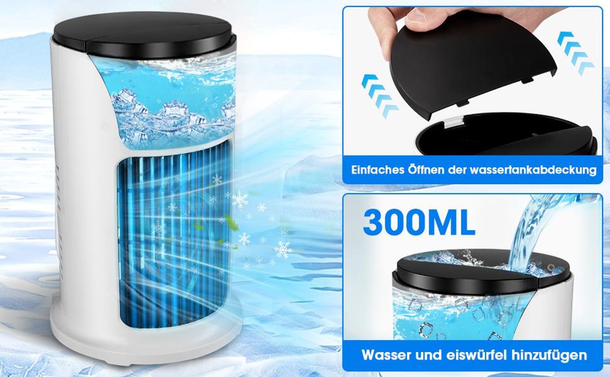 Turmventilator, Tragbare Klimaanlagen, Mobile Klimageräte, Luftkühler mit Wasserkühlung, 6 Einstellbare Geschwindigkeitsstufen, mit 300ml Wassertank