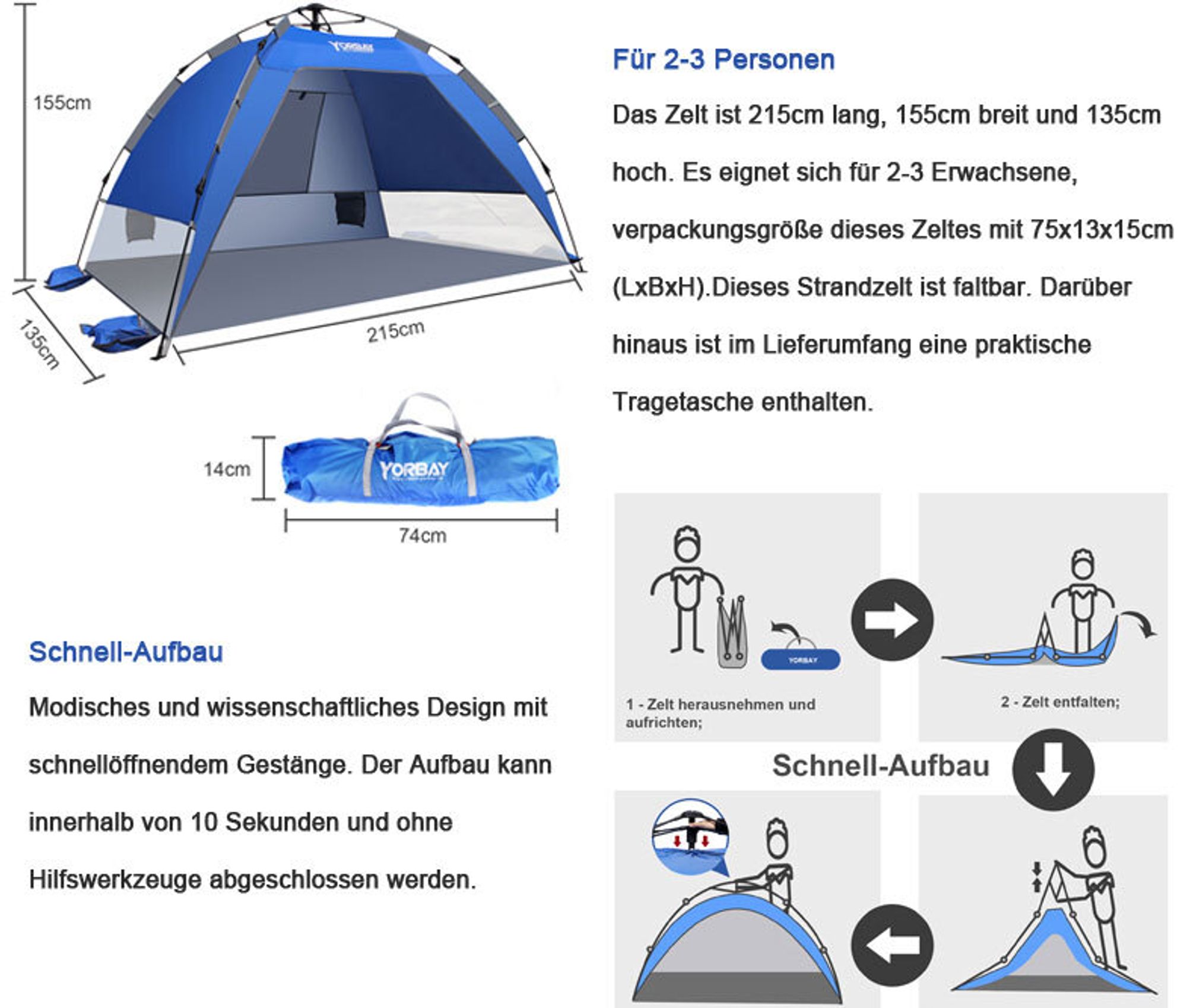 Yorbay Automatik-Strandzelt mit UV-Schutz 50+,Strandmuschel mit Heringen, Sandtasche und Tragetasche, für 2-3 Personen, schnell aufbauend für Familie, Strand, Garten, Camping, Anglen, Outdoors
