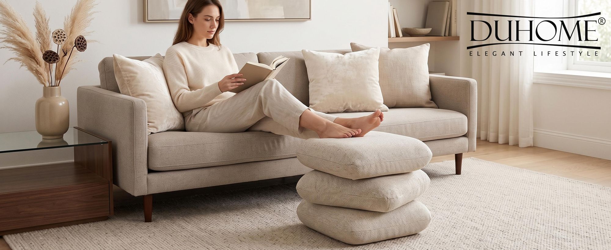 Duhome Sitzhocker aus Bouclé Polsterhocker 360° Drehbar Ottoman Modern Fußhocker für Wohnzimmer Schlafzimmer Flur, Beige
