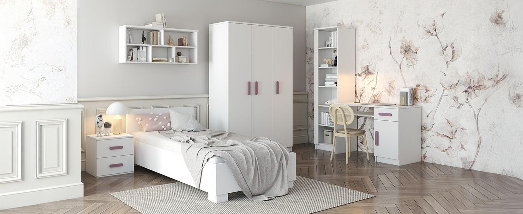 Drehtürenschrank, Kinderkleiderschrank 120 cm Weiß/Weiß, erikafarbene Griffe JONAS I 19