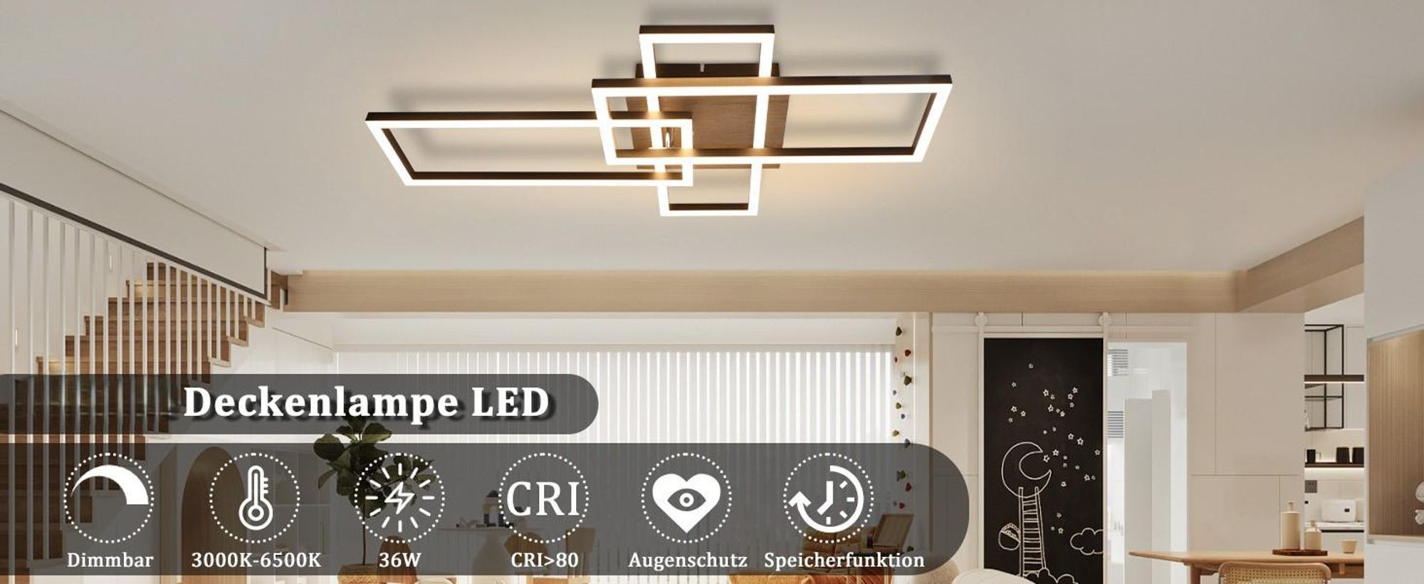 ZMH LED Deckenlampe 64CM Deckenleuchte 36W Wohnzimmerlampe Dimmbar Schwarz Holz Schlafzimmerlampe mit Fernbedienung für Esszimmer Arbeitszimmer