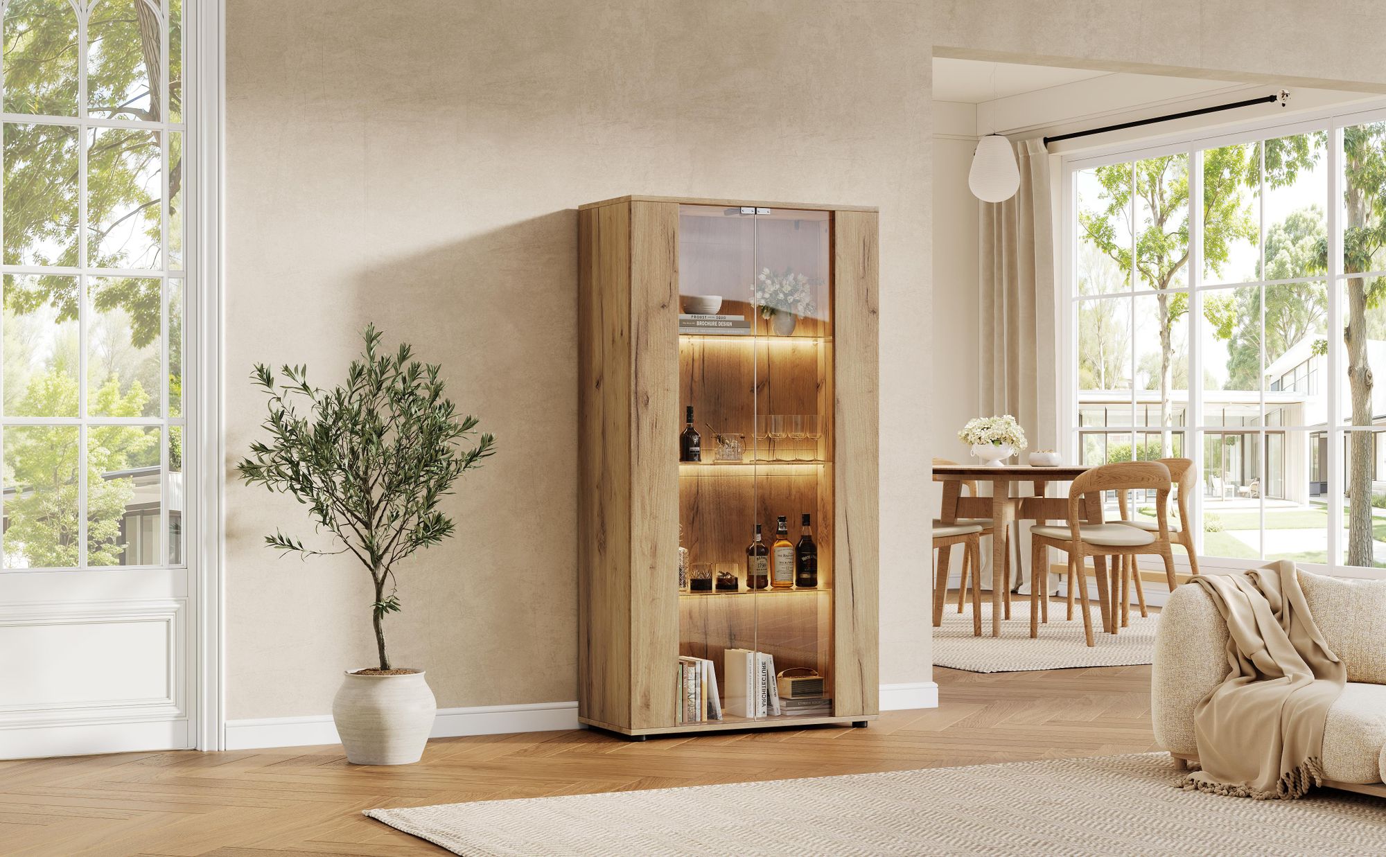 Merax Vitrinenschrank mit LED Beleuchtung, Glasvitrine mit 2 Glastüren und 4 Ablageflächen, Hochschrank für Wohnzimmer Esszimmer Büro, Natur